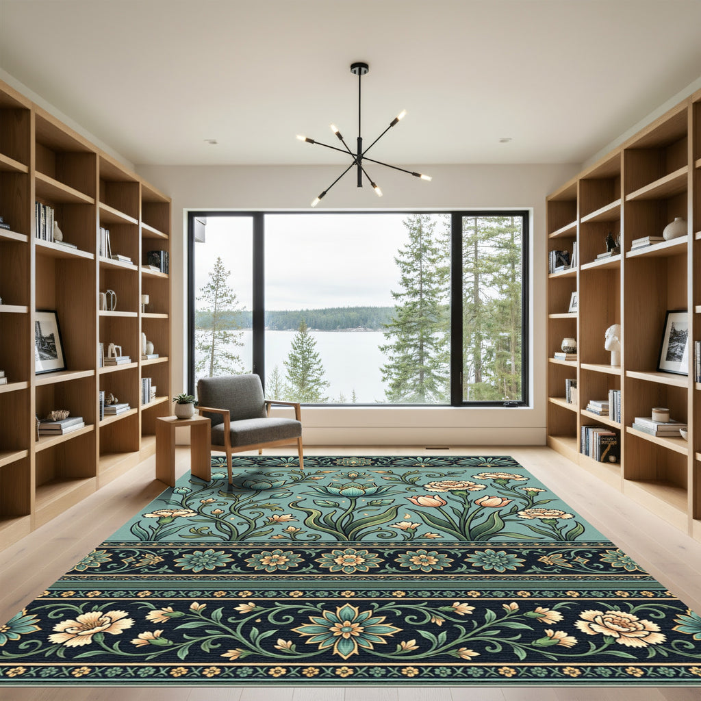 Teal Floral Scroll Botanical Accent Rug