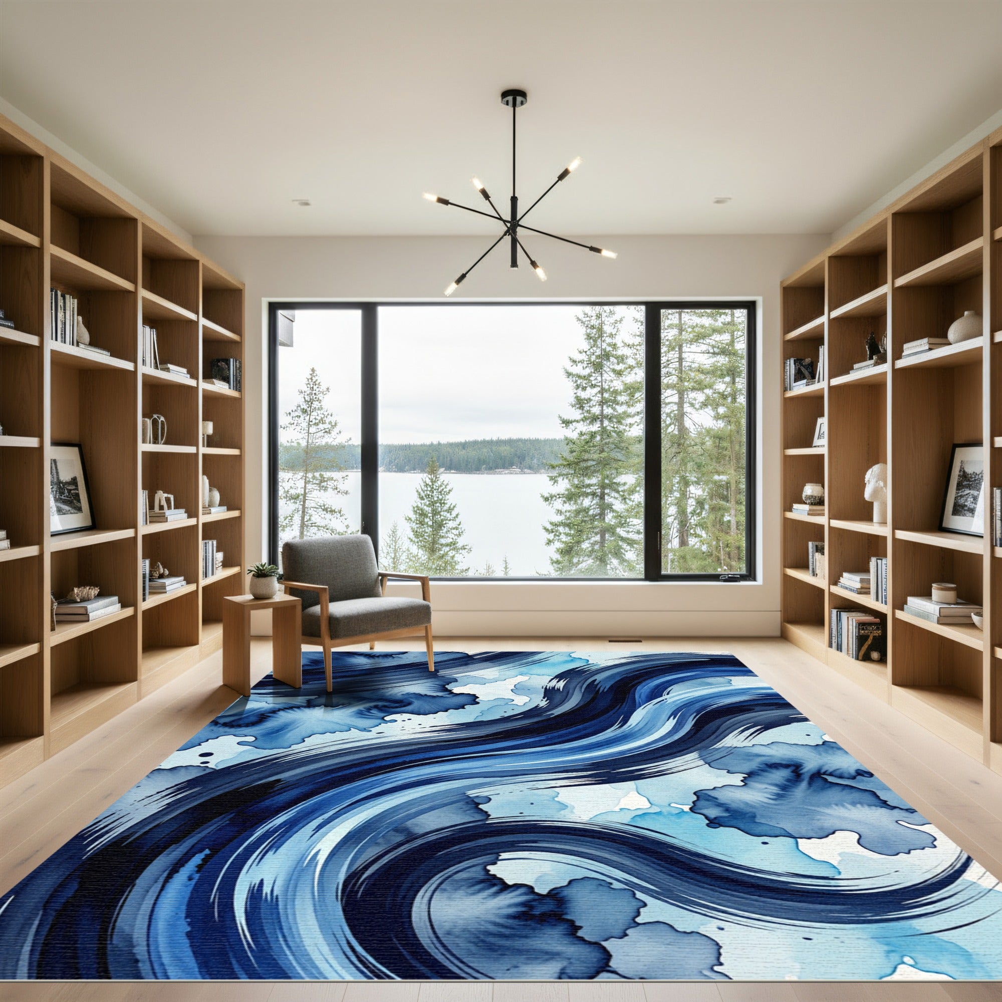 Indigo Brushstroke Abstract Wave Rug