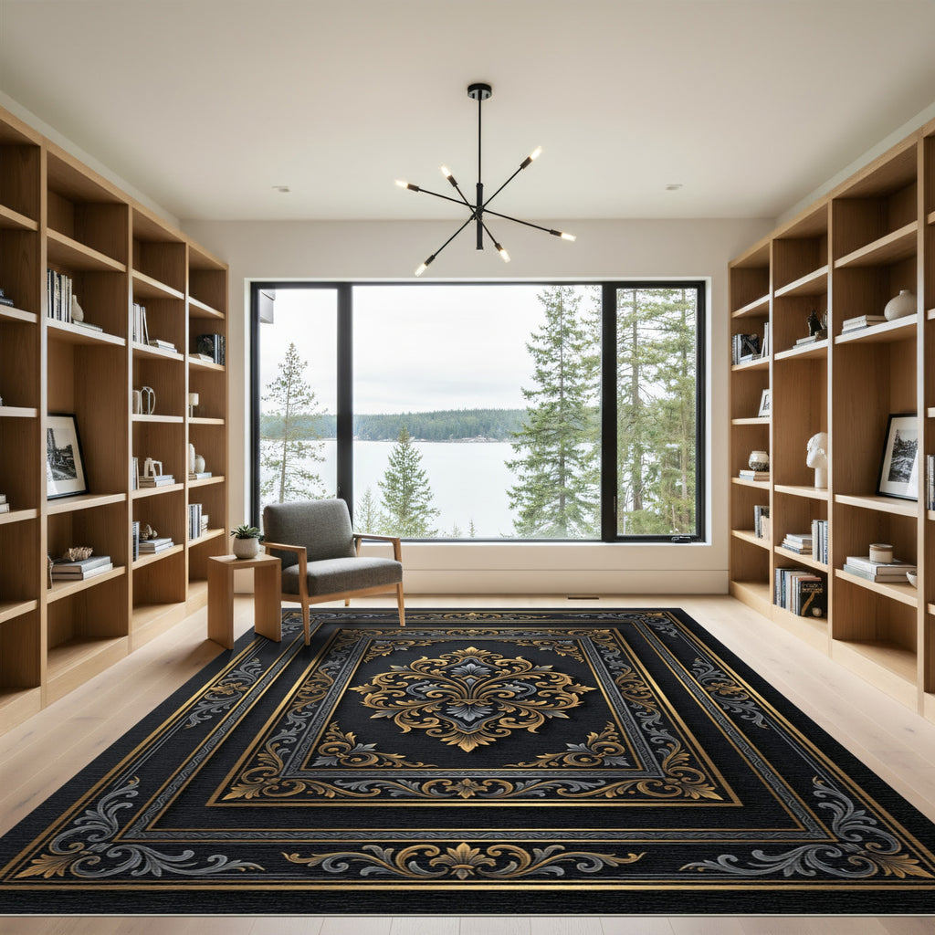 Ornate Gold and Gray Damask Frame Rug