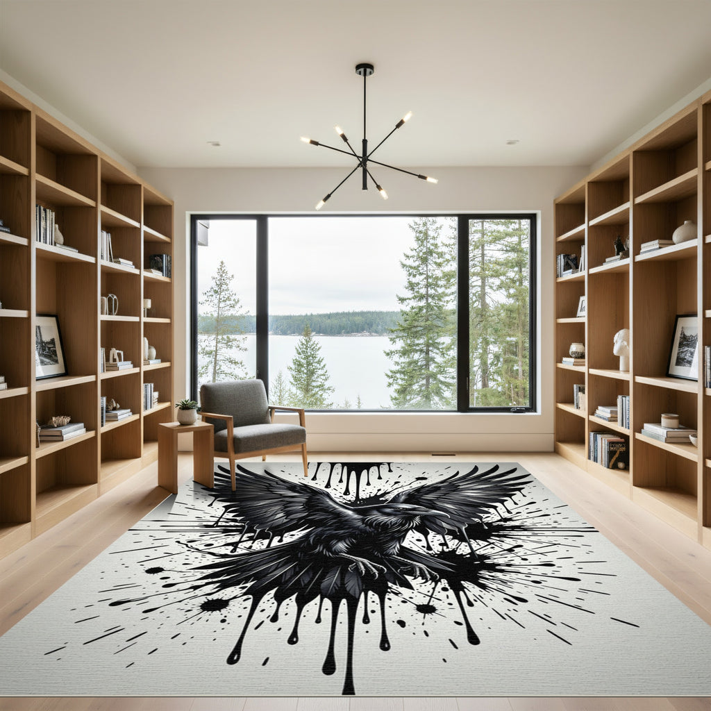 Gothic Raven Ink Splatter Black White Rug