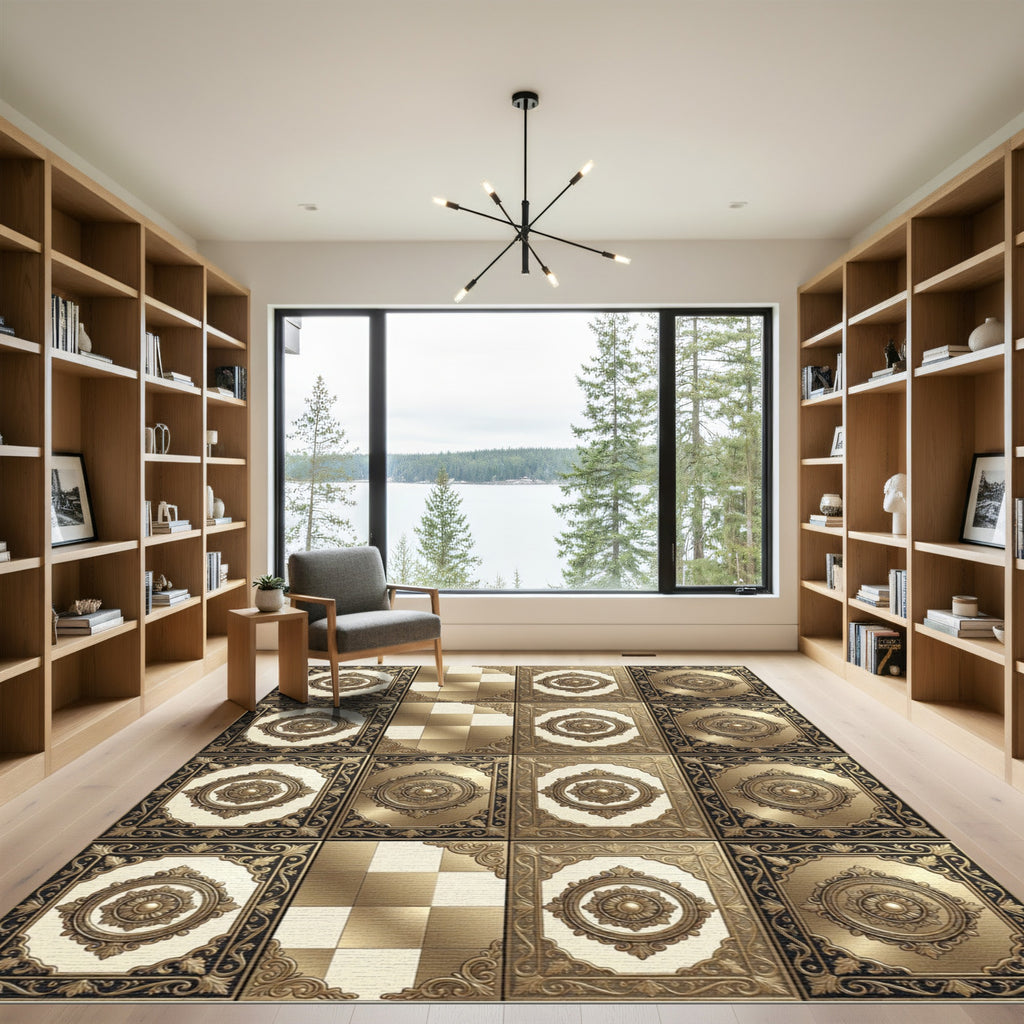 Gold Ornamental Damask Medallion Rug