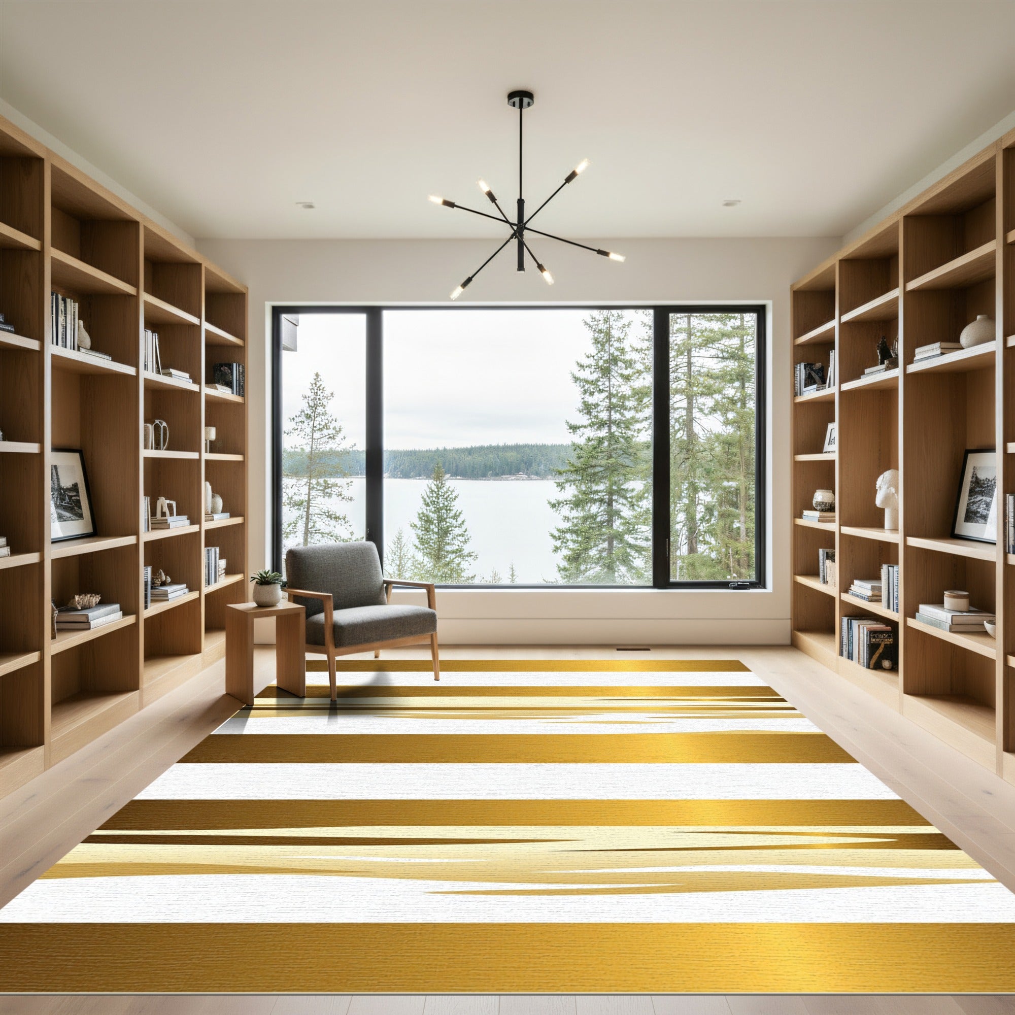 Contemporary Gold and White Abstract Stripe Rug