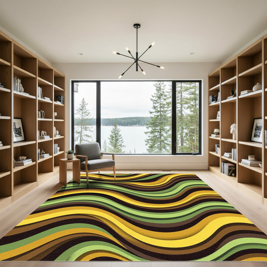 Earthy Wave Abstract Olive Gold Swirl Rug