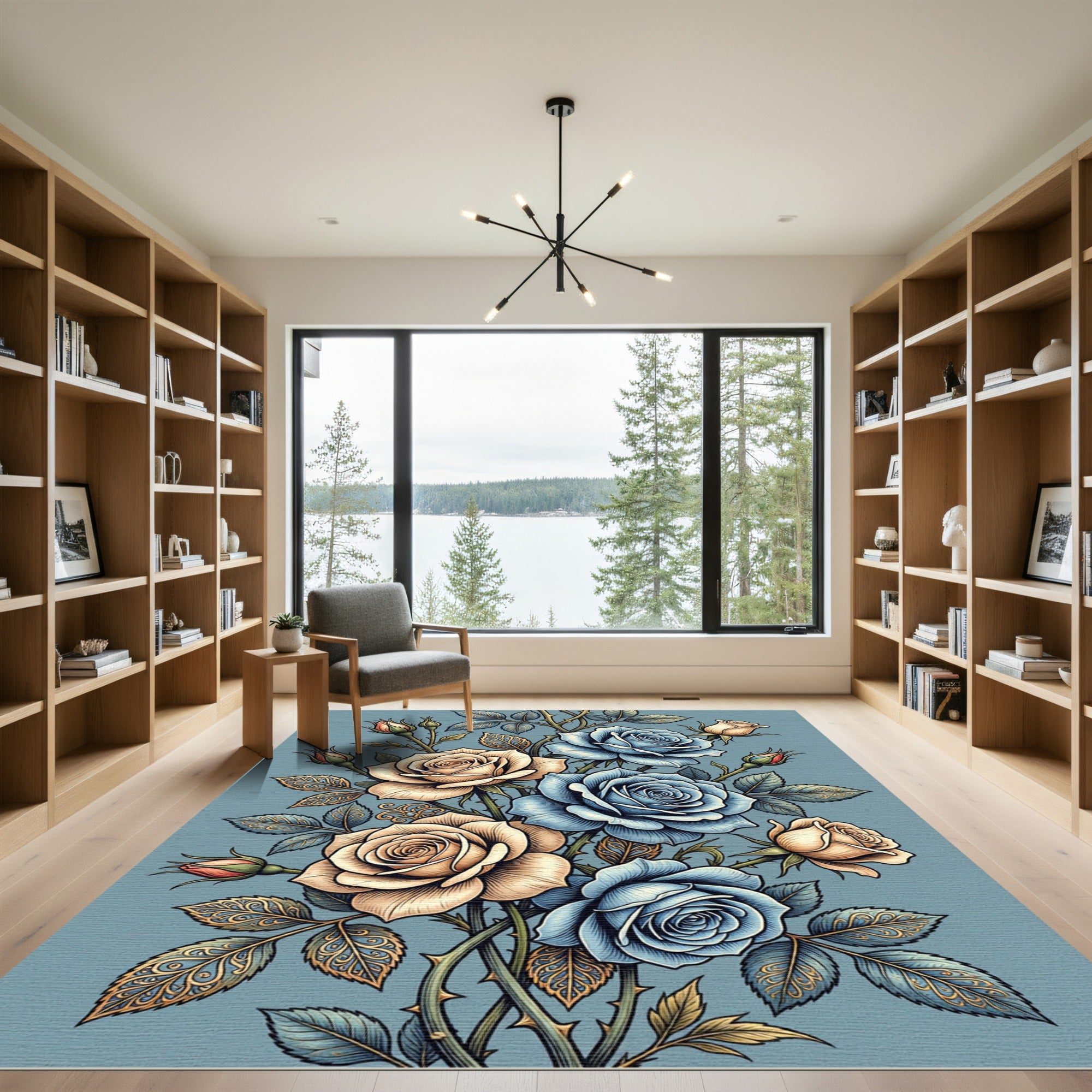 Elegant Blue and Cream Floral Rose Bouquet Rug
