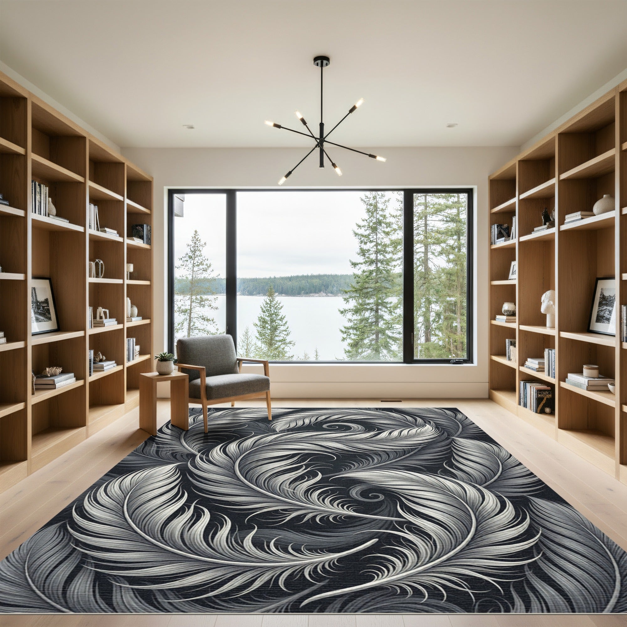 Monochromatic Feather Swirl Composition Rug