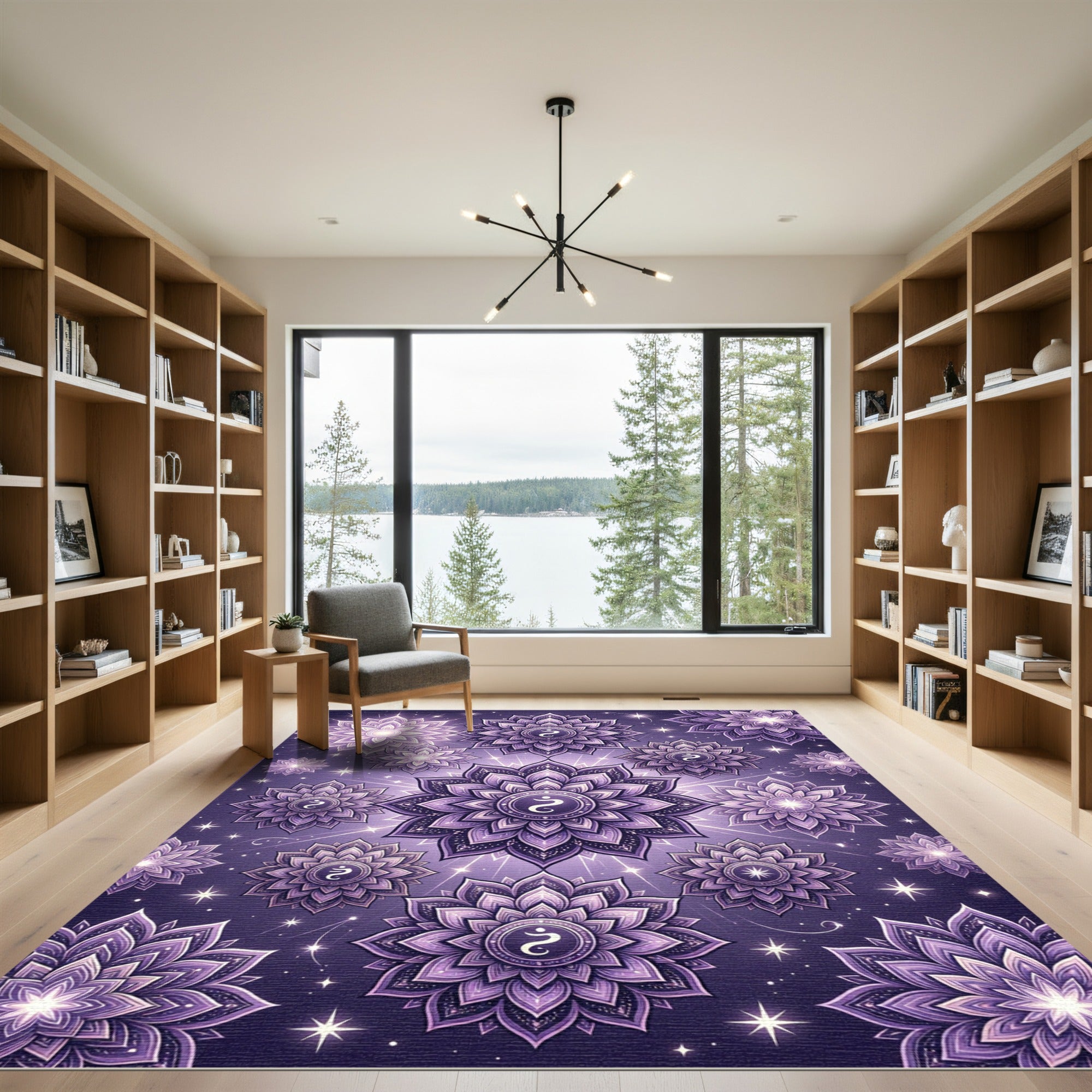Celestial Violet Mandala with Radiant Orbs Rug