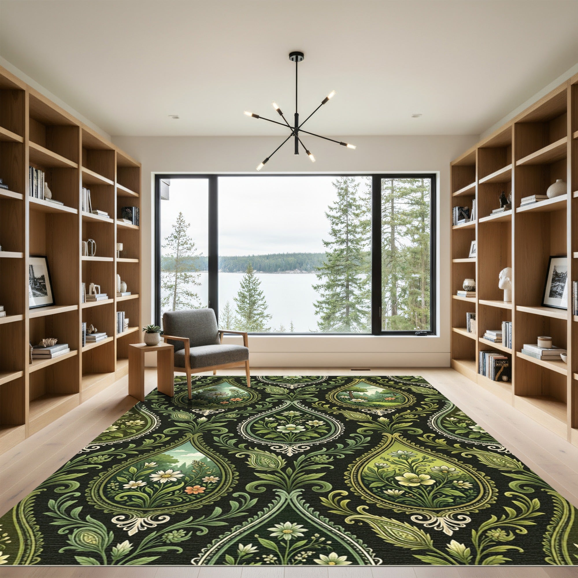 Emerald Green Floral Landscape Medallions Rug