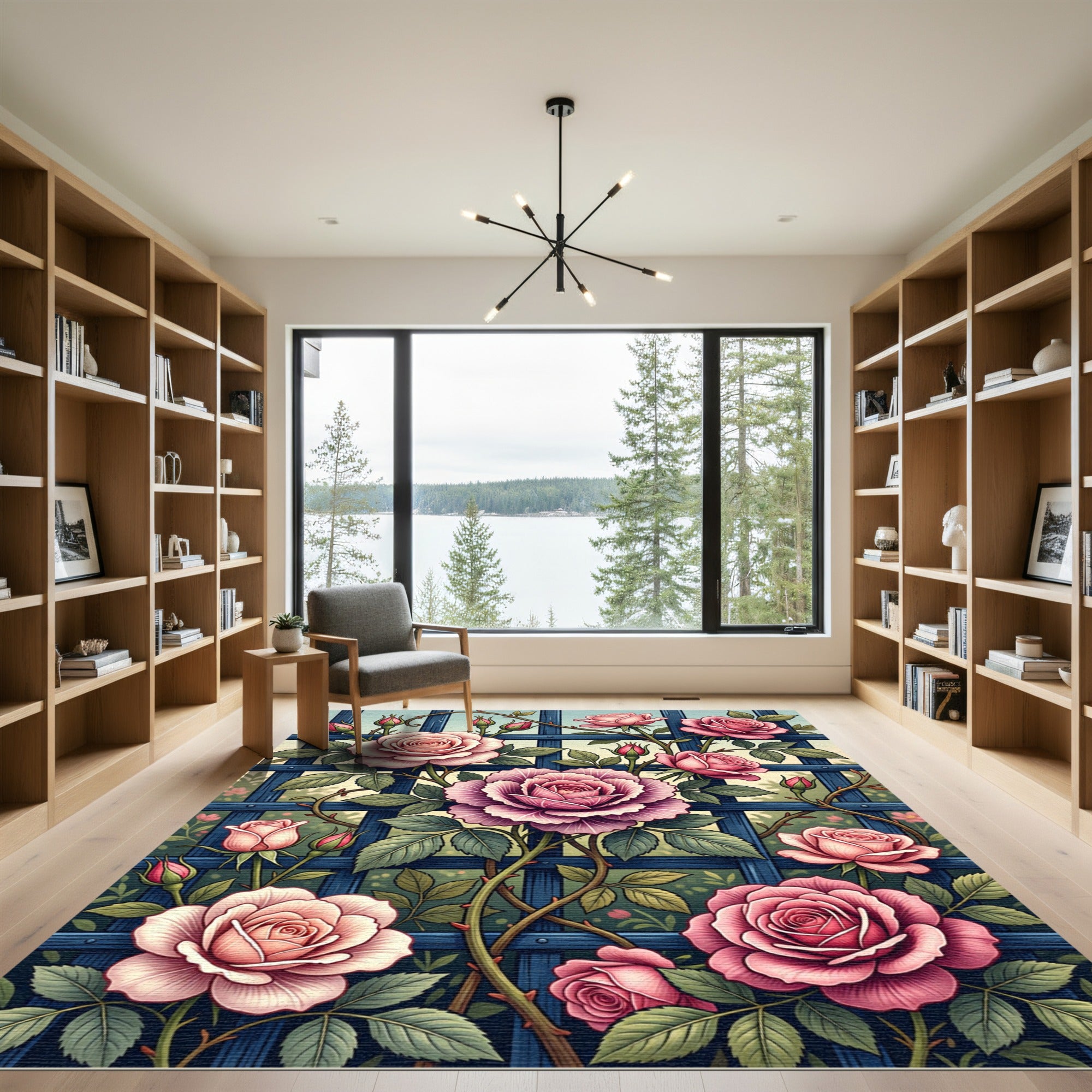 Romantic Pink Rose Trellis Garden Rug