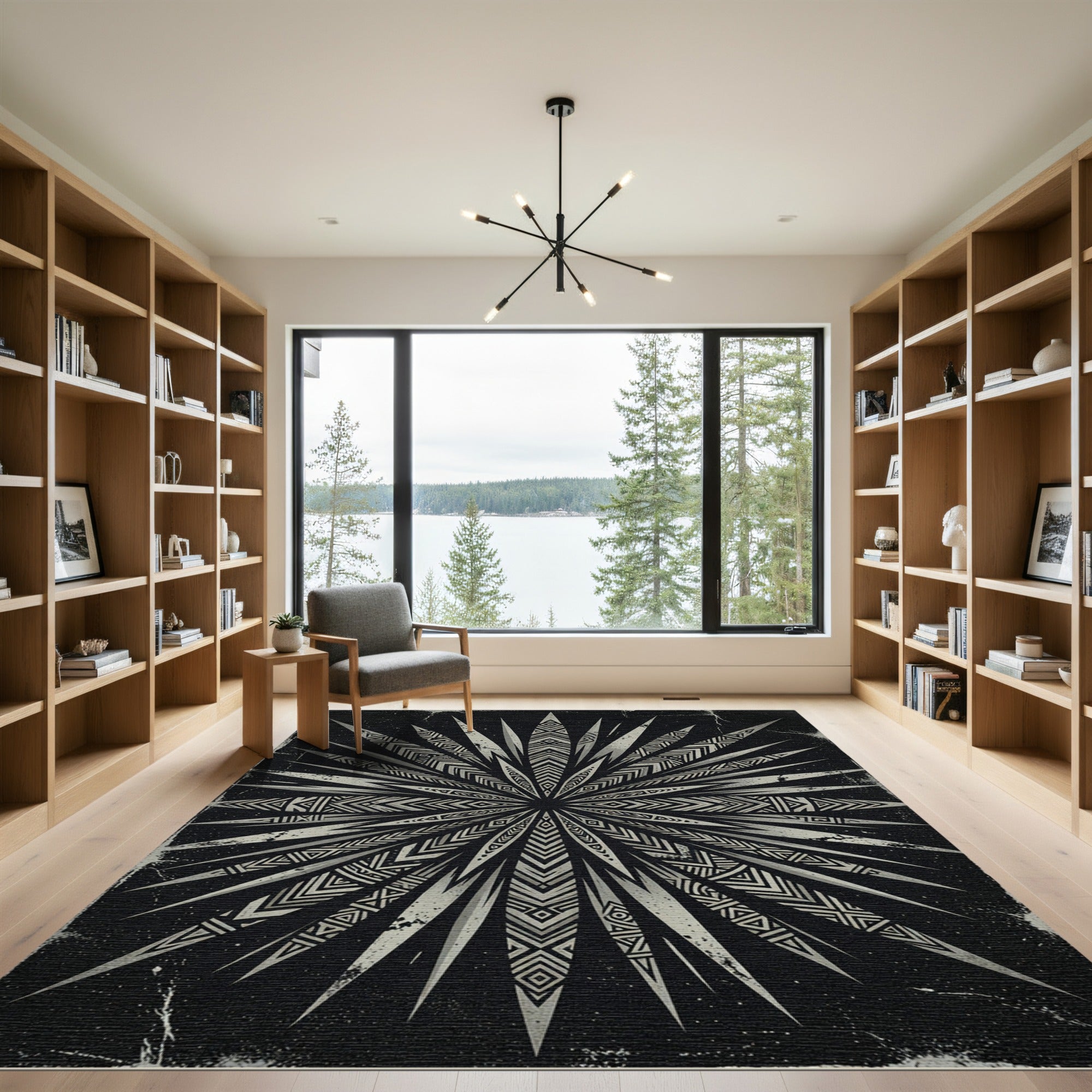 Monochrome Geometric Radiating Starburst Art Rug
