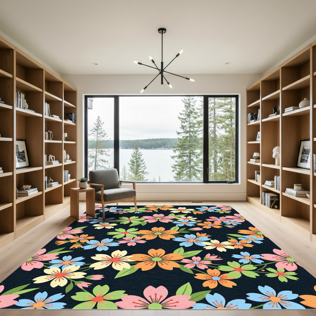 Vibrant Spring Blossom Floral Navy Field Rug