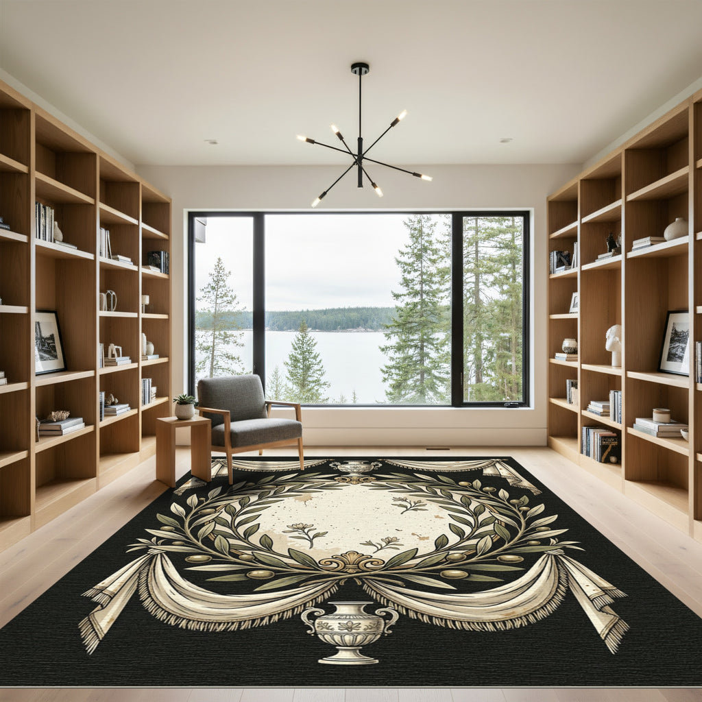 Neoclassical Olive Wreath Cream Black Medallion Rug
