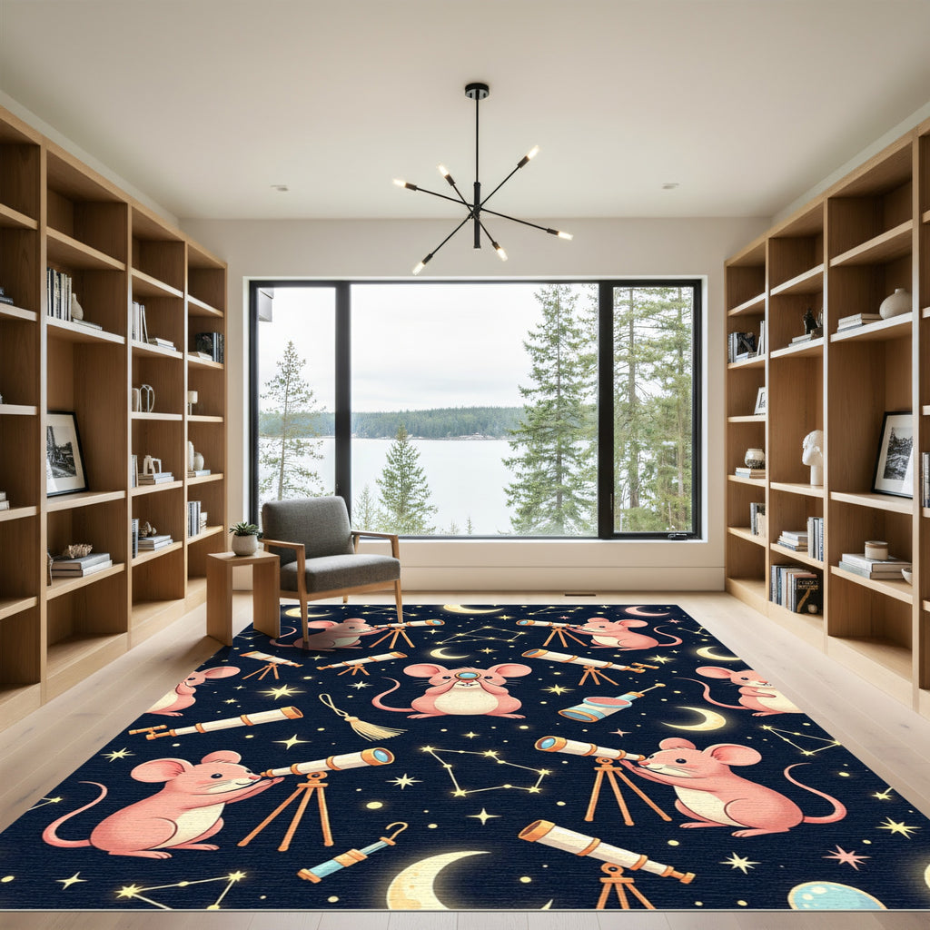 Whimsical Pink Mouse Stargazing Night Sky Rug