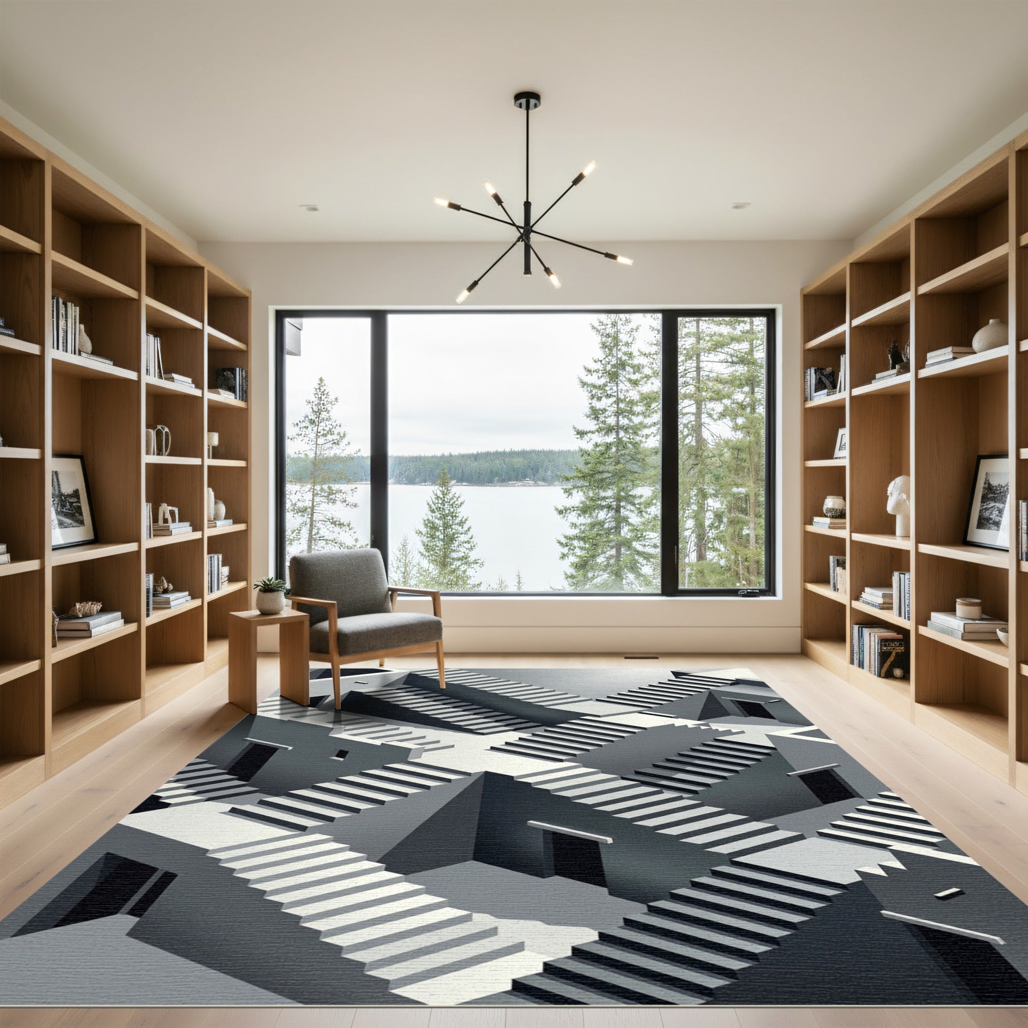Monochromatic Geometric Escher Illusion Stairs Rug