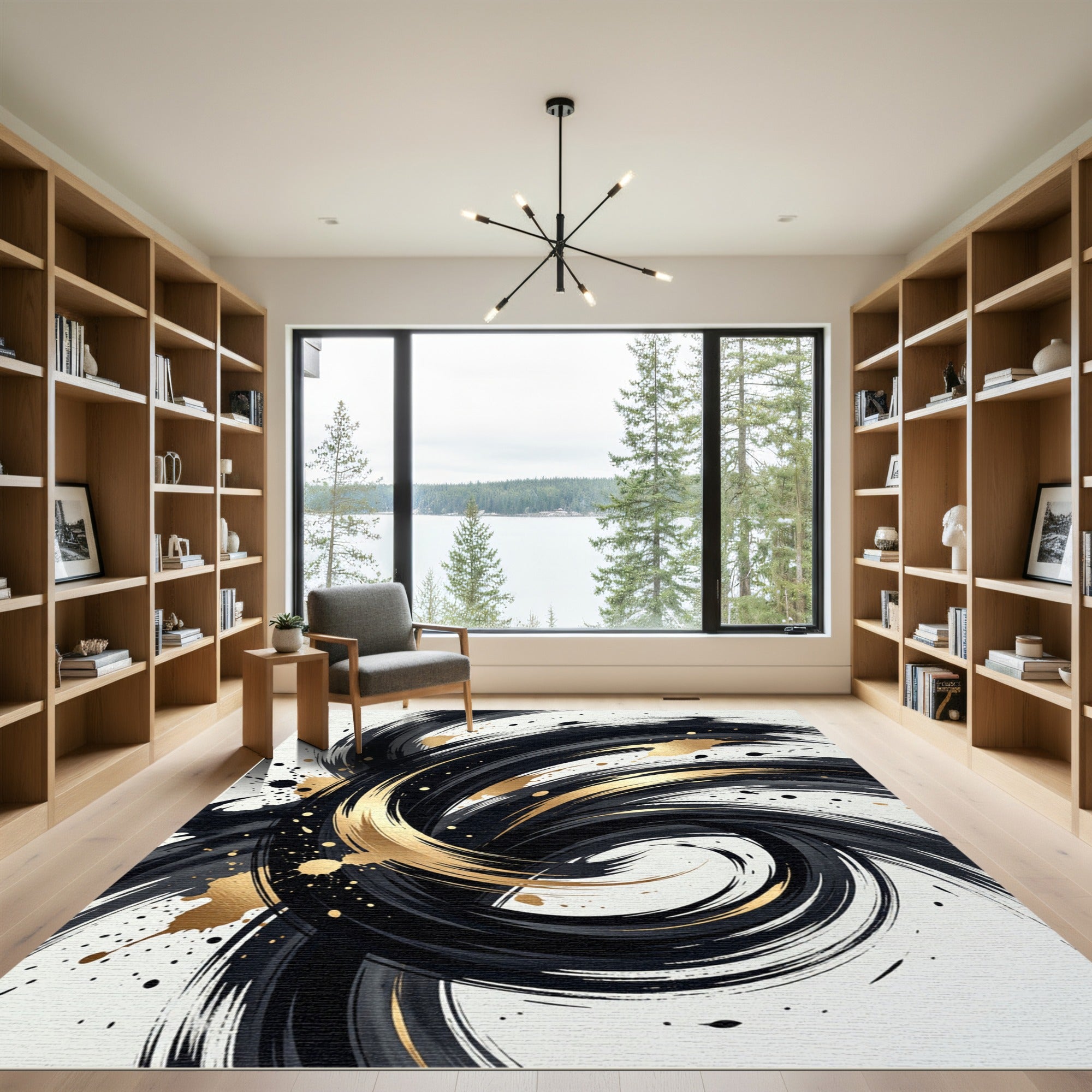 Bold Black and Gold Abstract Swirl Rug