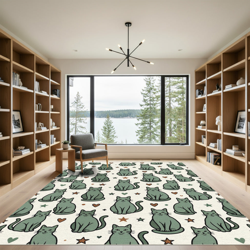Sage Green Whimsical Cat Star Heart Rug
