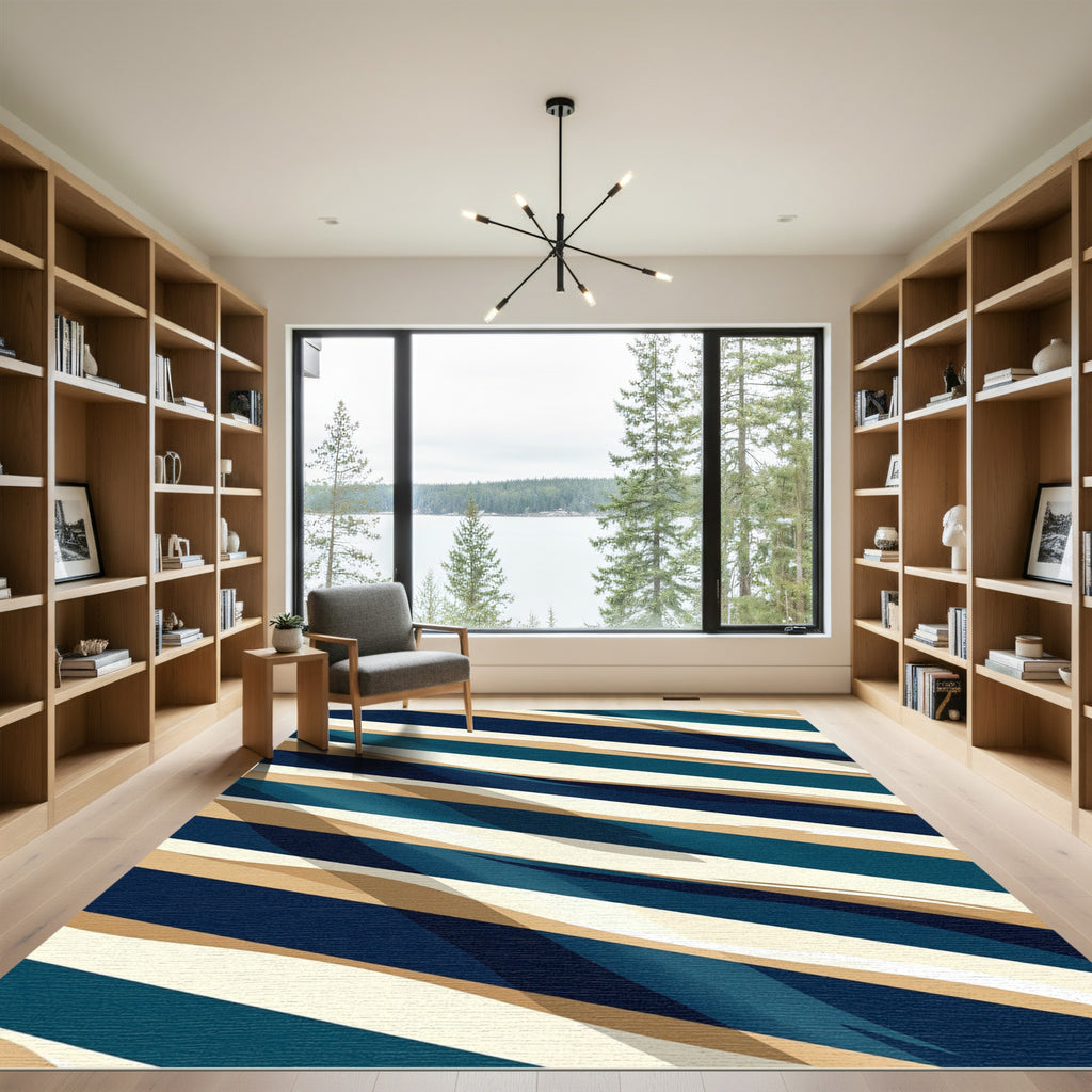 Contemporary Navy Blue Beige Abstract Diagonal Stripe Rug