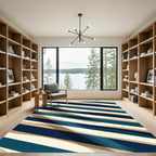 Contemporary Navy Blue Beige Abstract Diagonal Stripe Rug