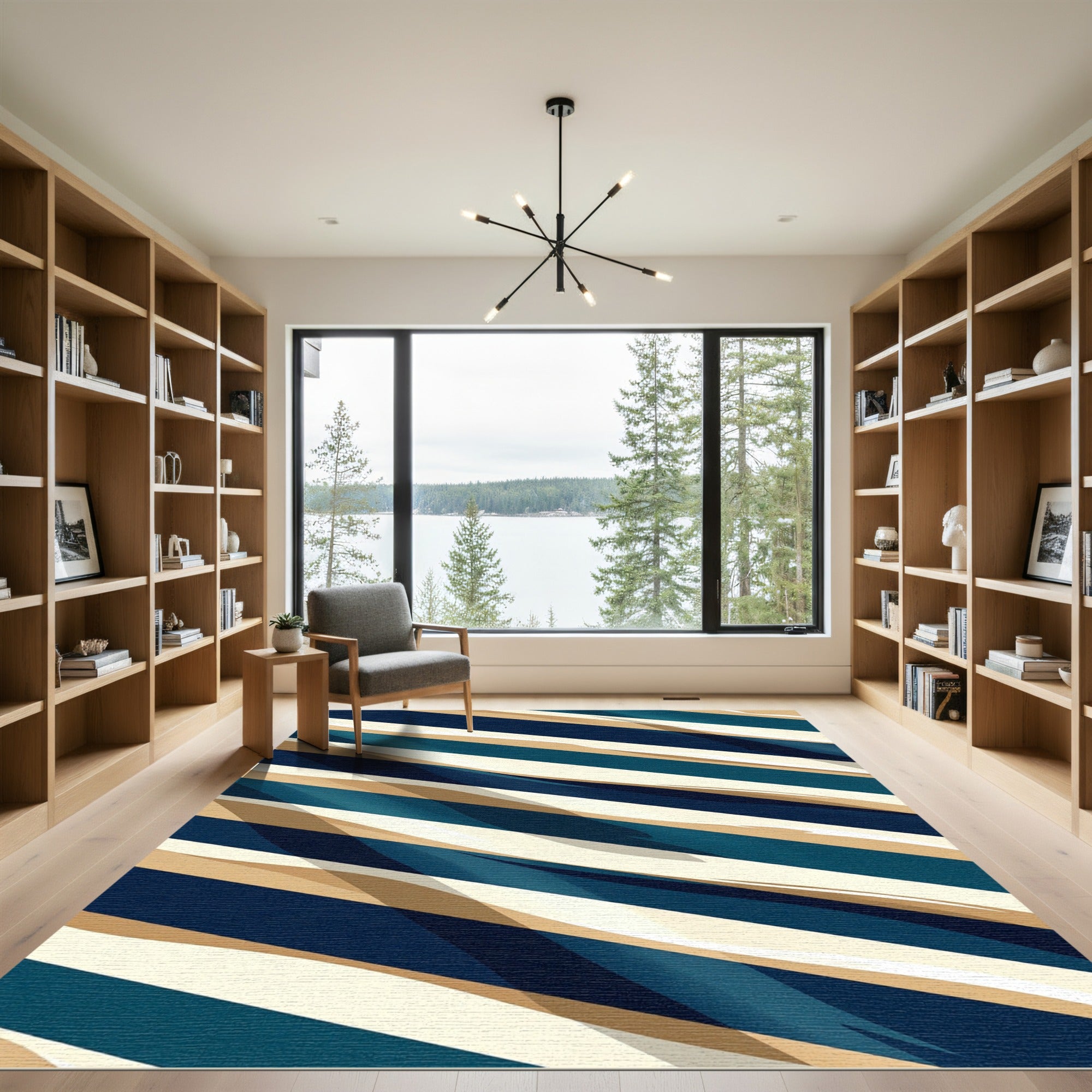 Contemporary Navy Blue Beige Abstract Diagonal Stripe Rug