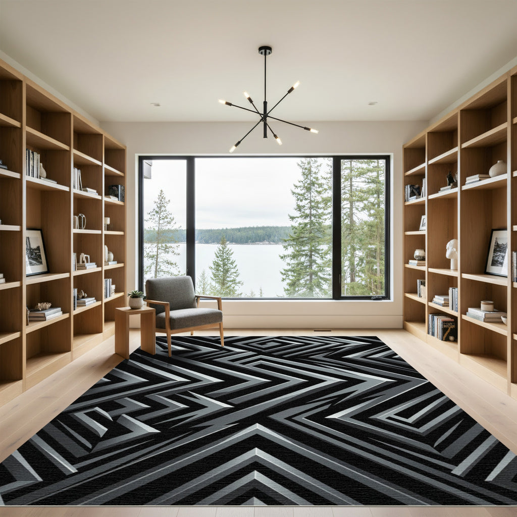 Chrome Black Geometric Maze Rug