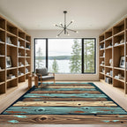Rustic Coastal Weathered Wood Plank Striped Rug