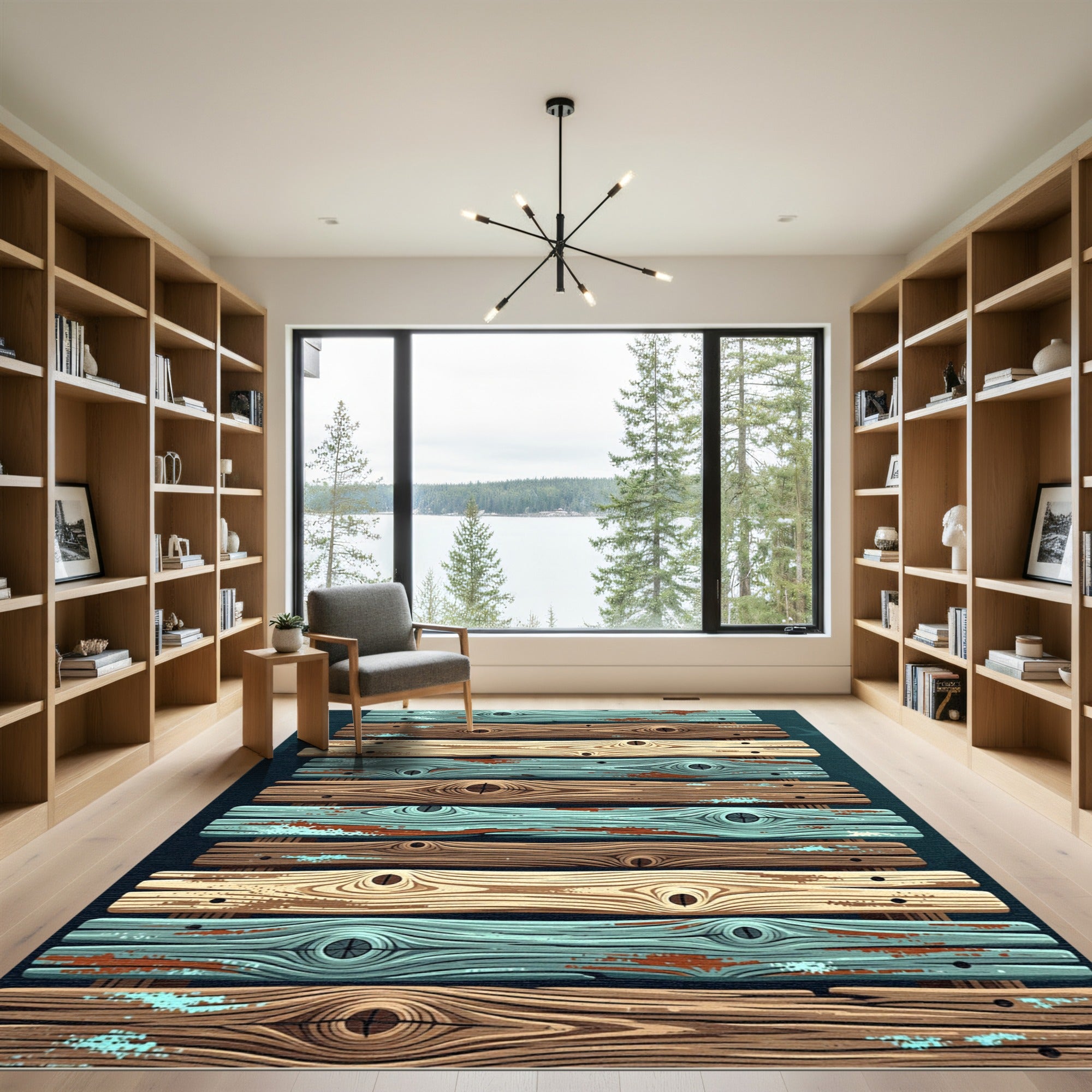 Rustic Coastal Weathered Wood Plank Striped Rug