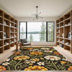 Golden Marigold Floral Botanical Dark Backdrop Rug