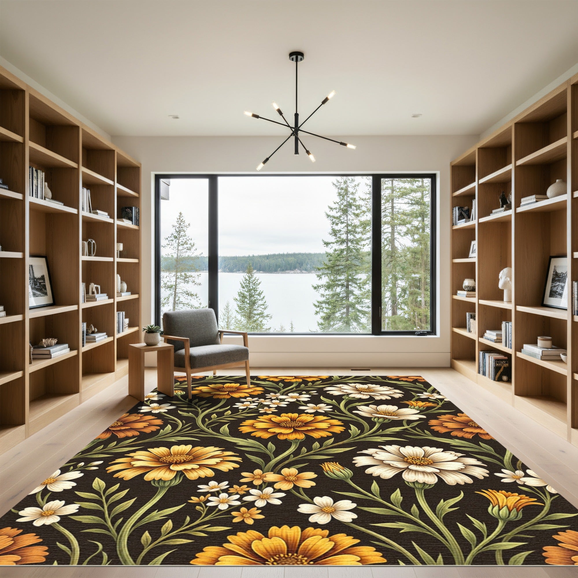 Golden Marigold Floral Botanical Dark Backdrop Rug