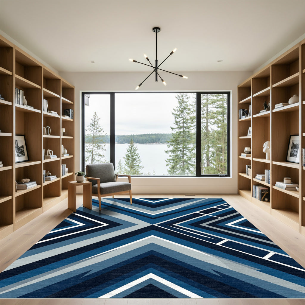 Deep Blue Modern Geometric Chevron Rug