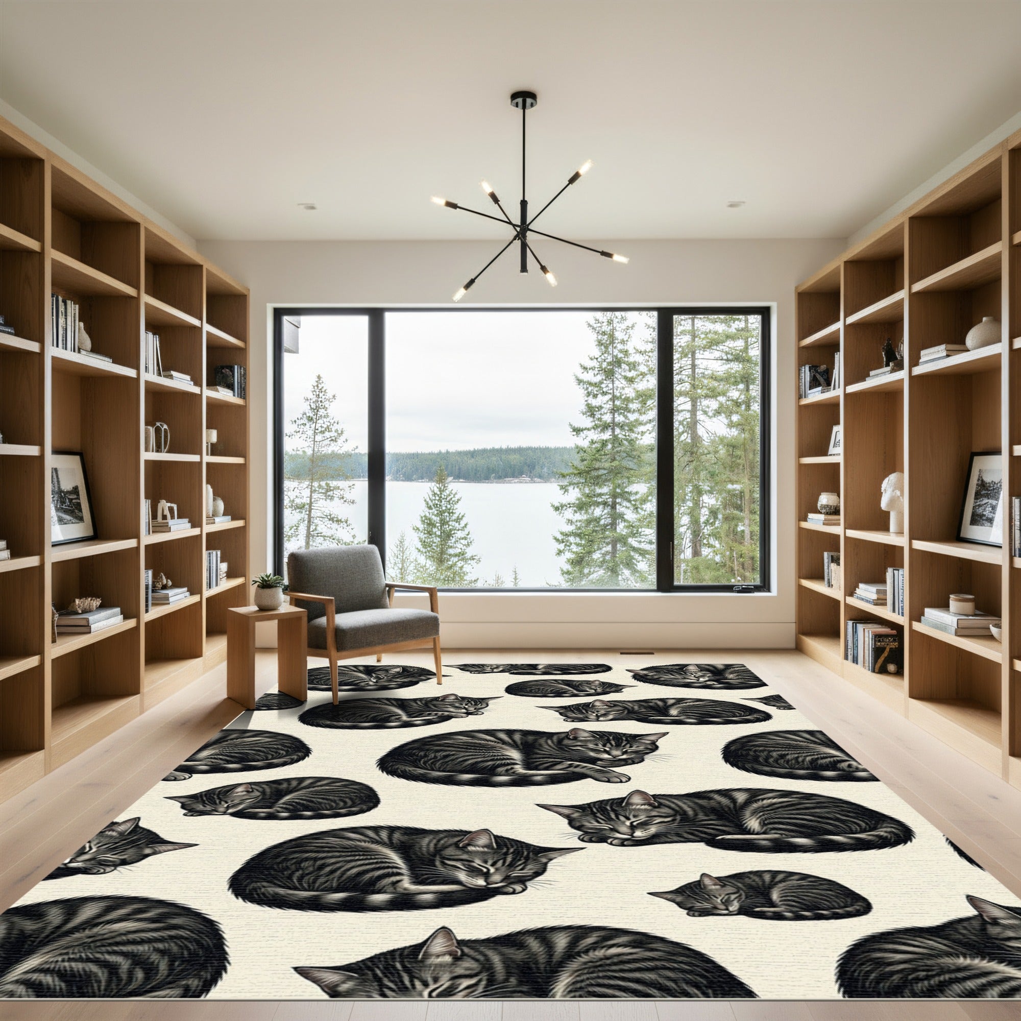 Charcoal Sleeping Tabby Cat Illustration Rug