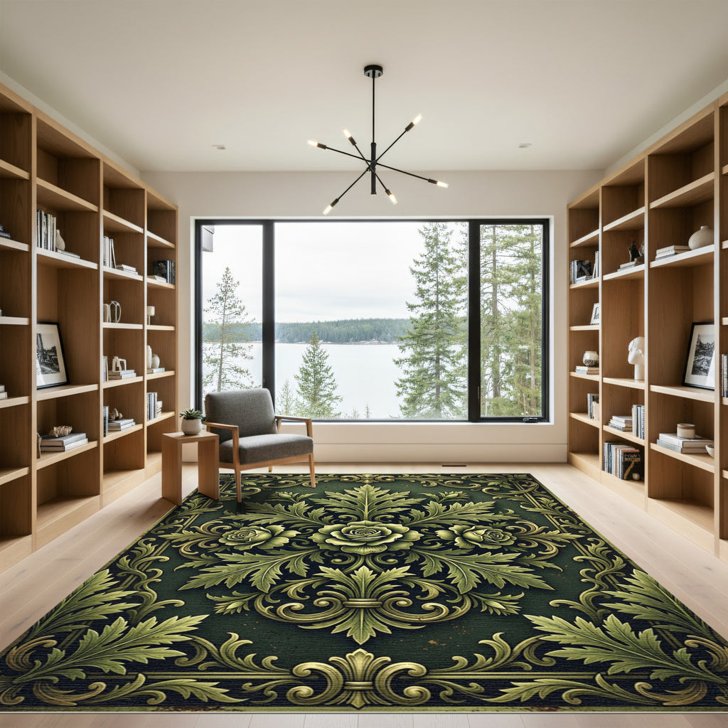 Elegant Emerald Rose Baroque Foliage Rug
