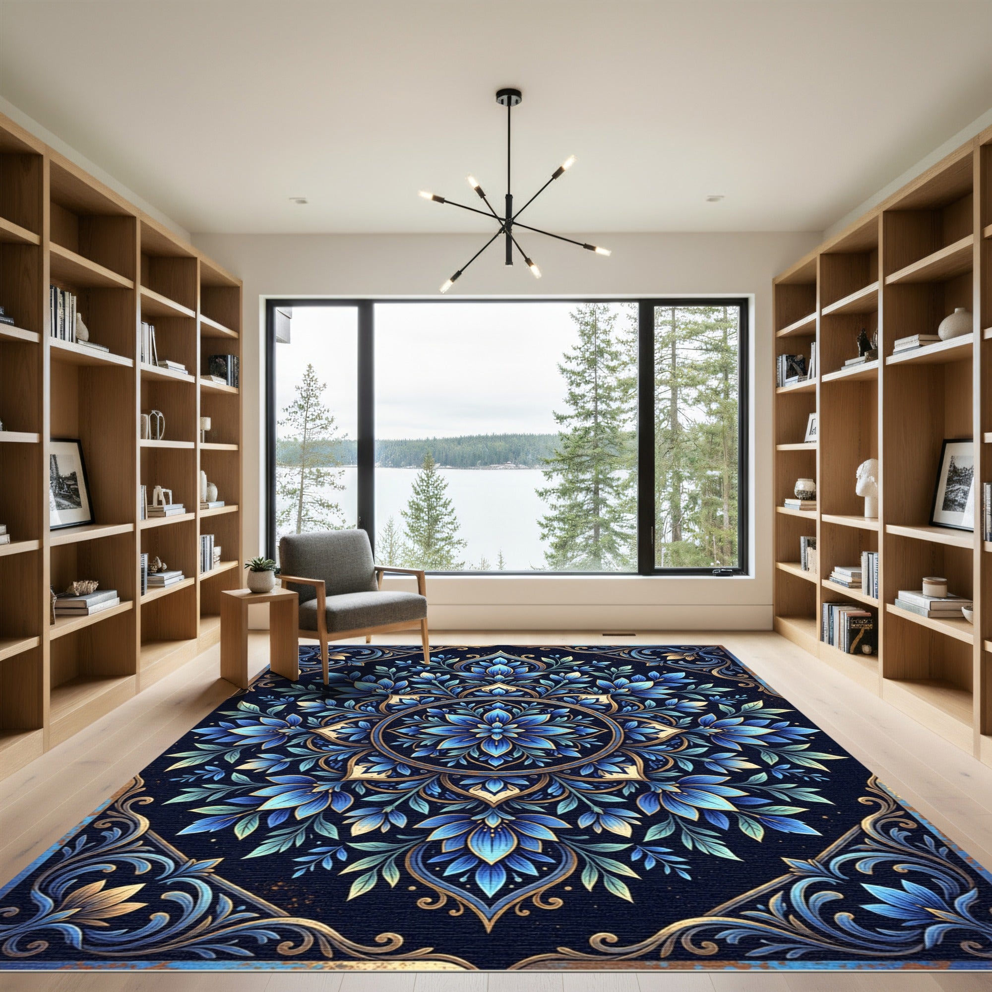 Elegant Navy Blue Floral Mandala Rug