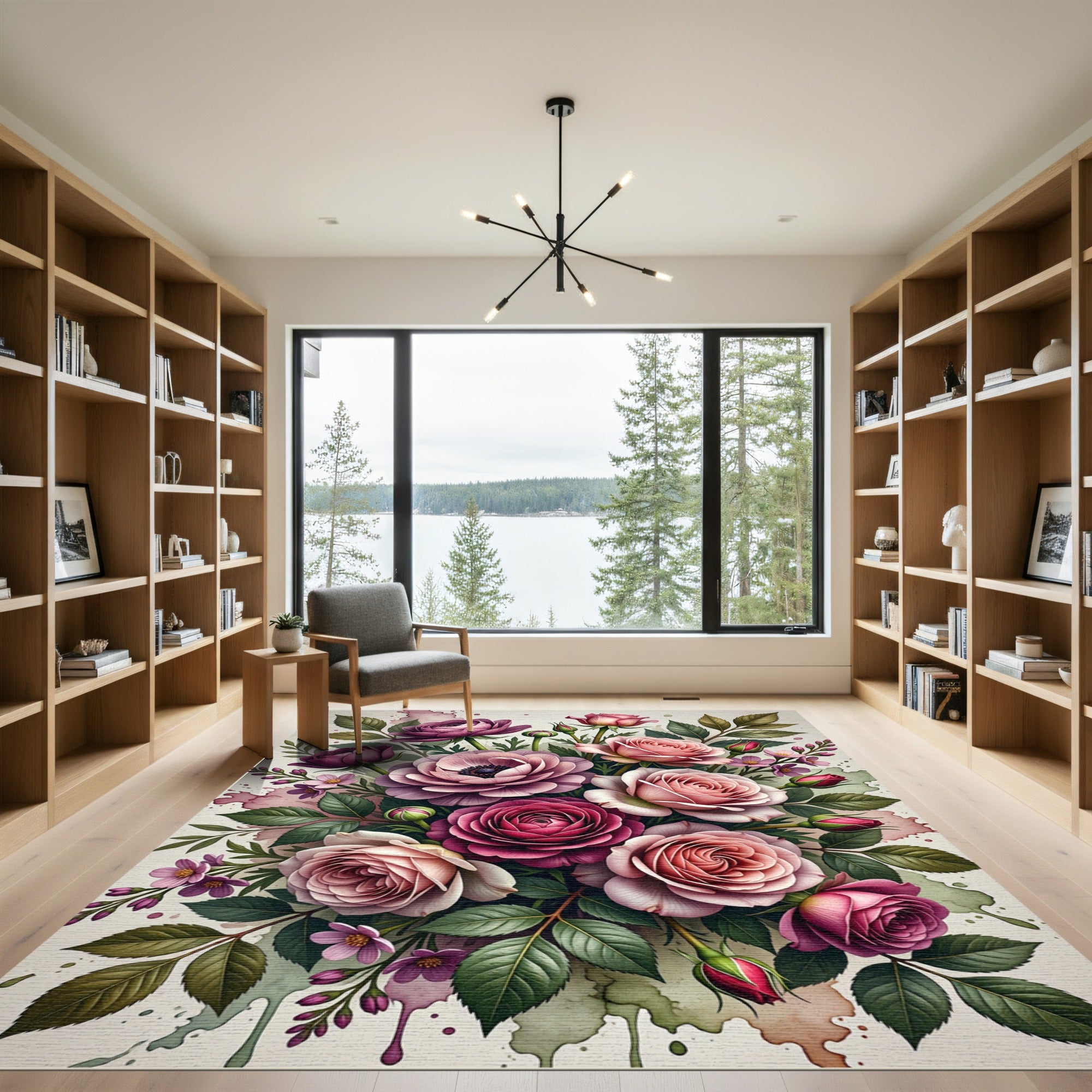Elegant Pink Rose Bouquet Floral Artwork Rug