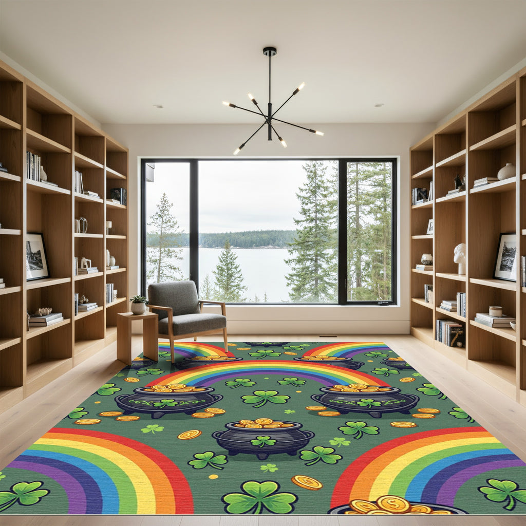 Whimsical Leprechaun Rainbow Clover Gold Rug