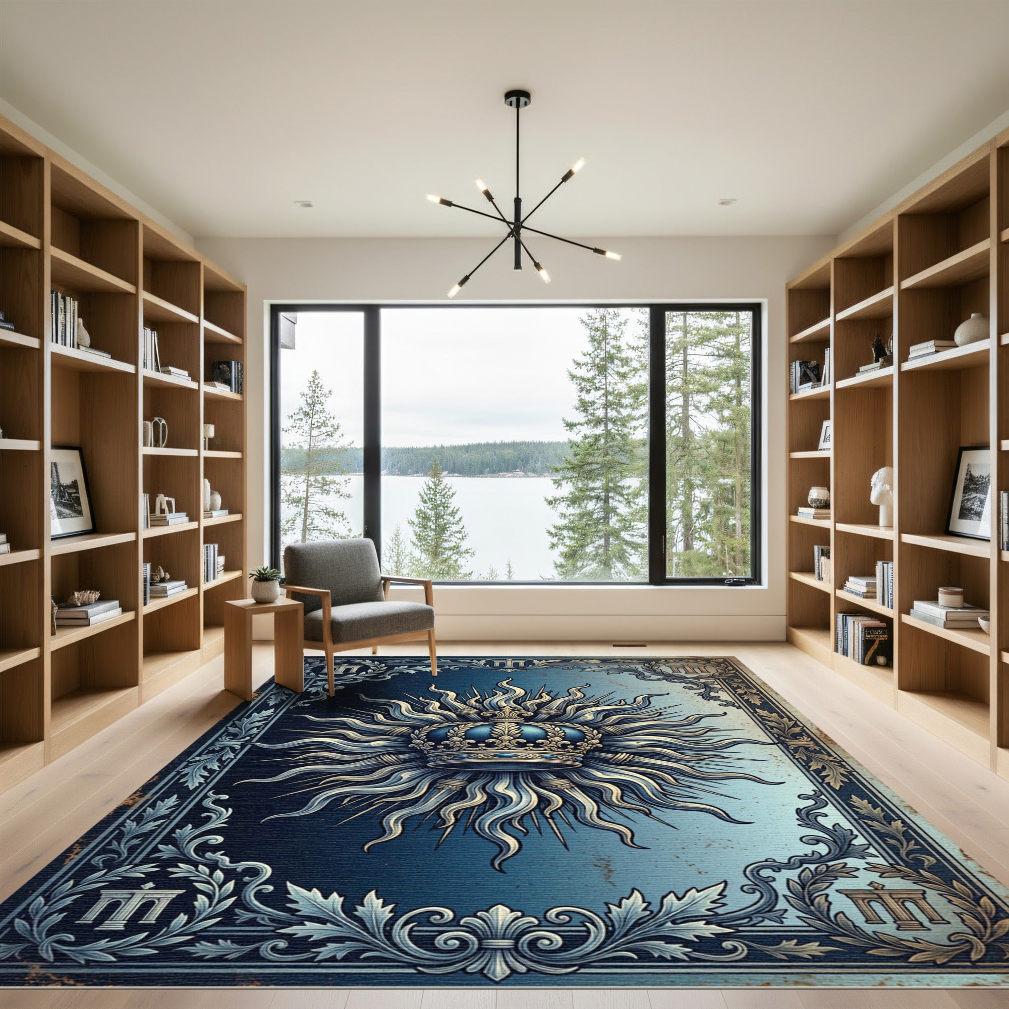Royal Blue Sunburst Crown Emblem Rug