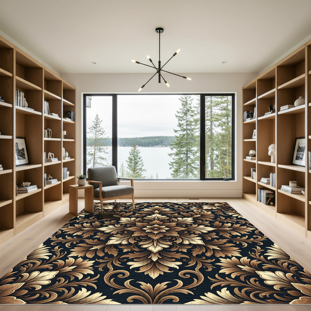 Elegant Gold Damask Floral Medallion Rug