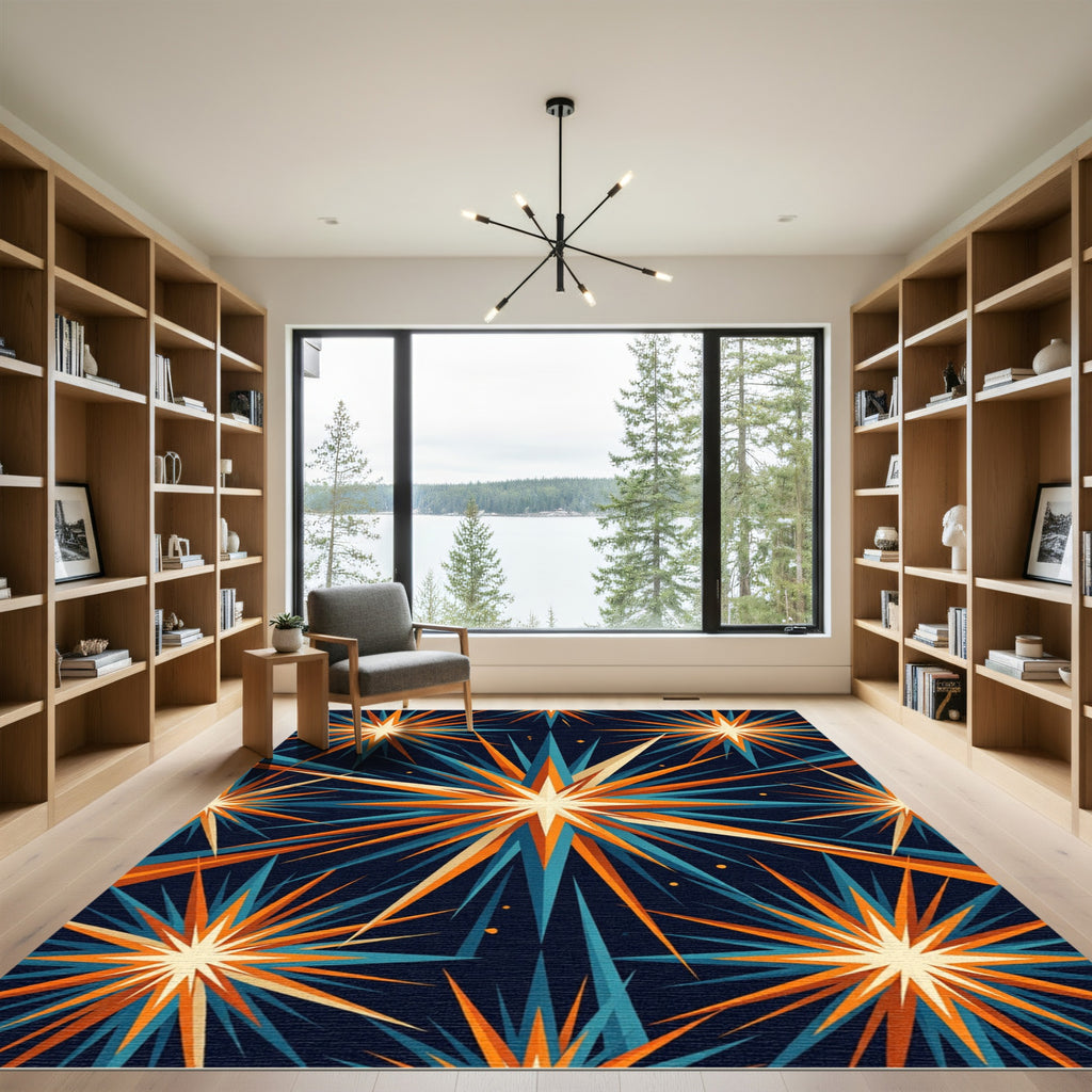 Radiant Navy Orange Celestial Burst Rug