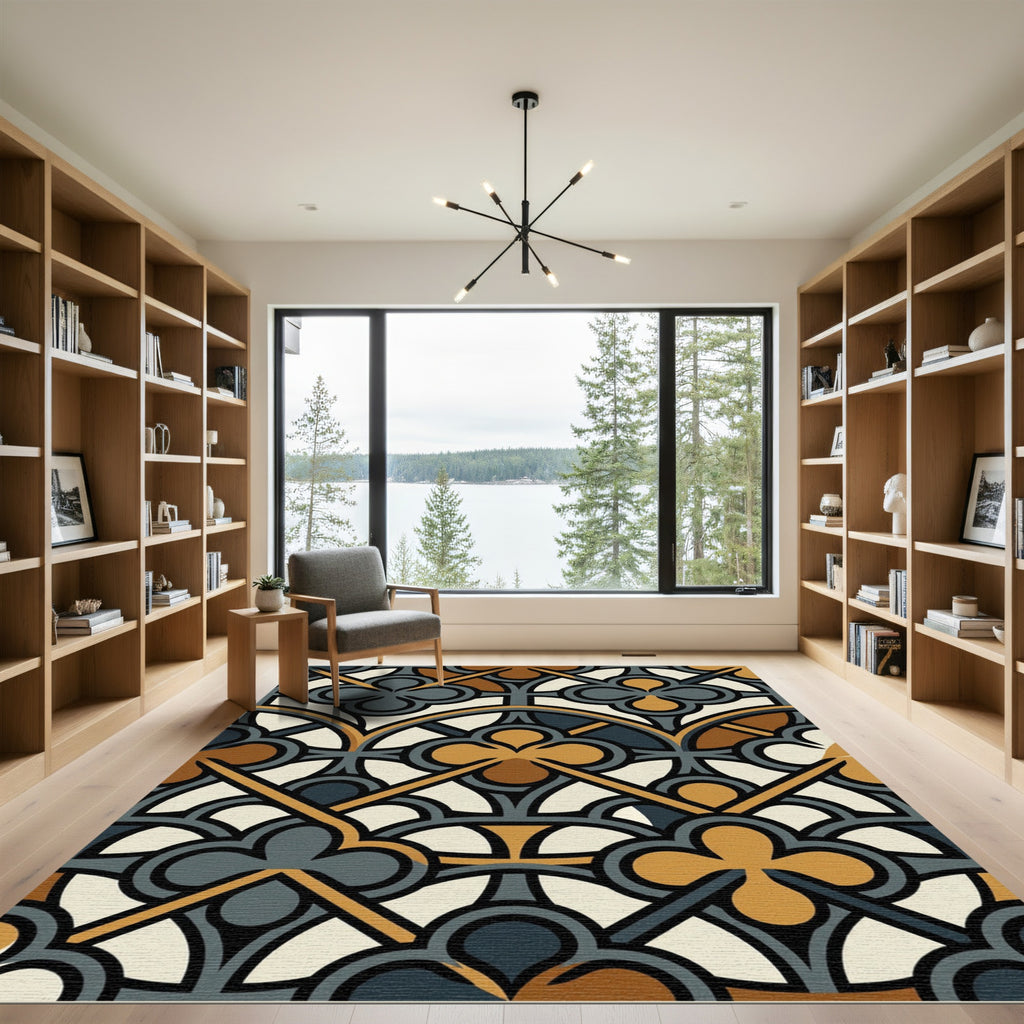 Gothic Clover Trefoil Amber Charcoal Geometric Rug