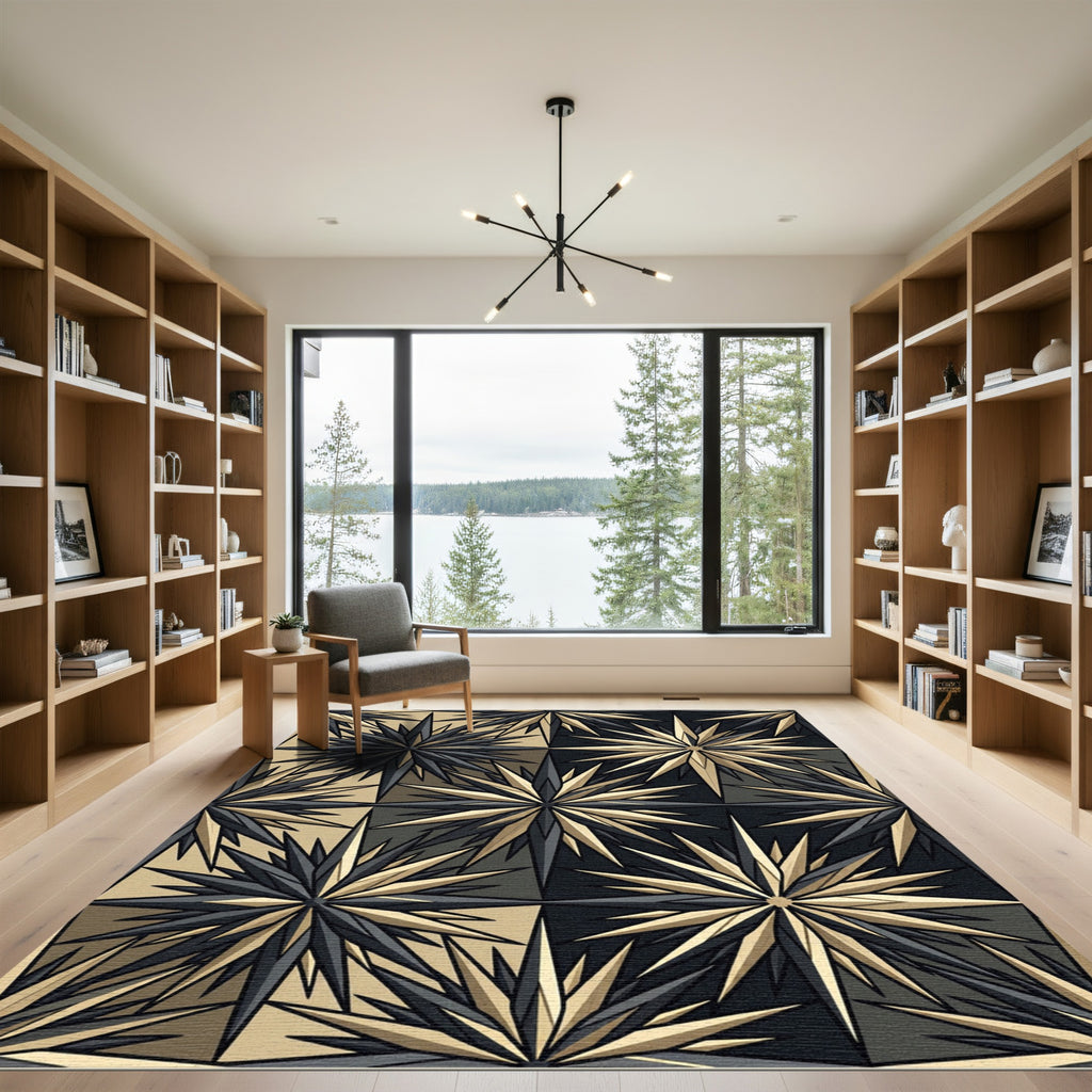 Geometric Gold And Black Sunburst Rug