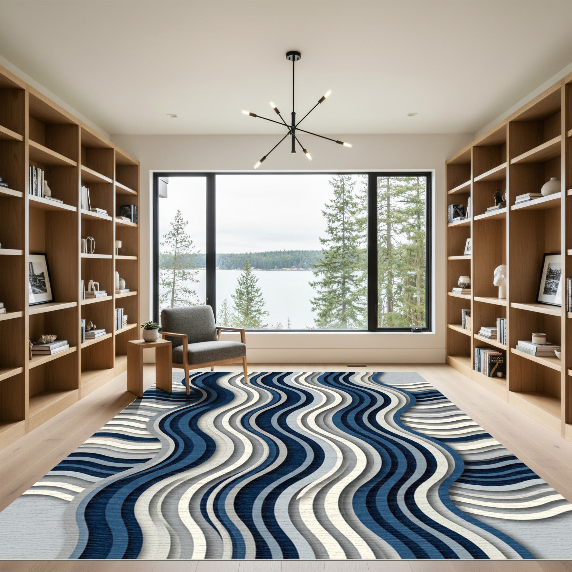 Modern Navy Blue Layered Wavy Rug