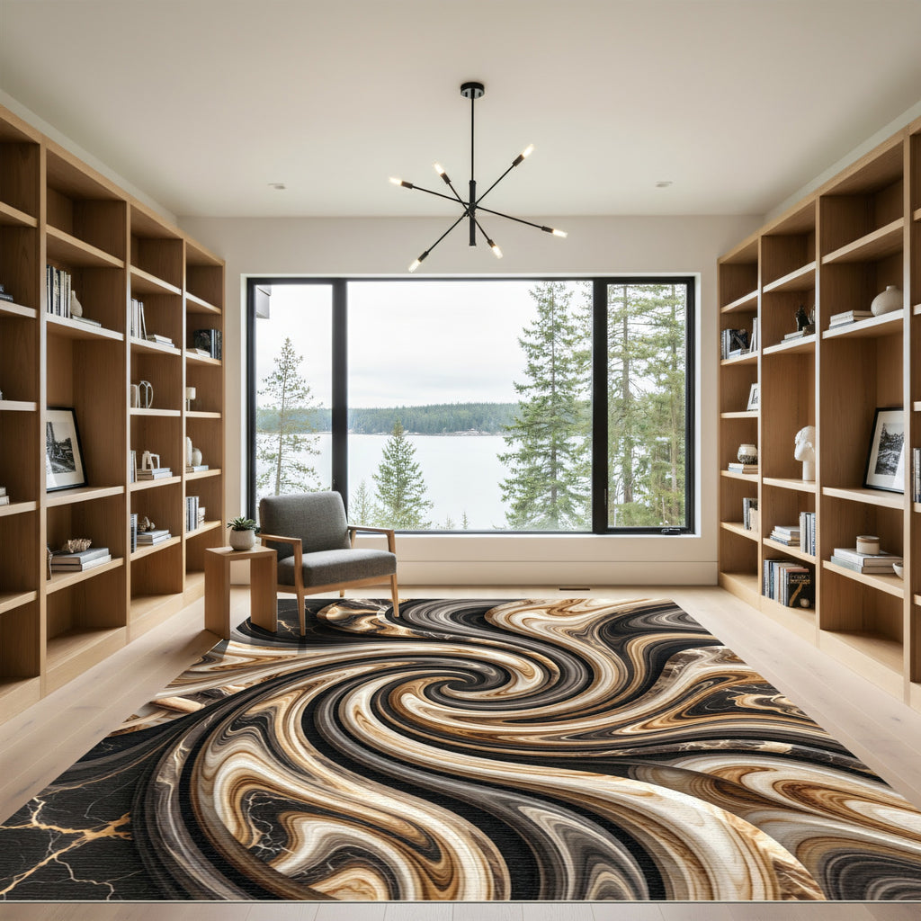 Golden Brown Swirl Abstract Marble Rug