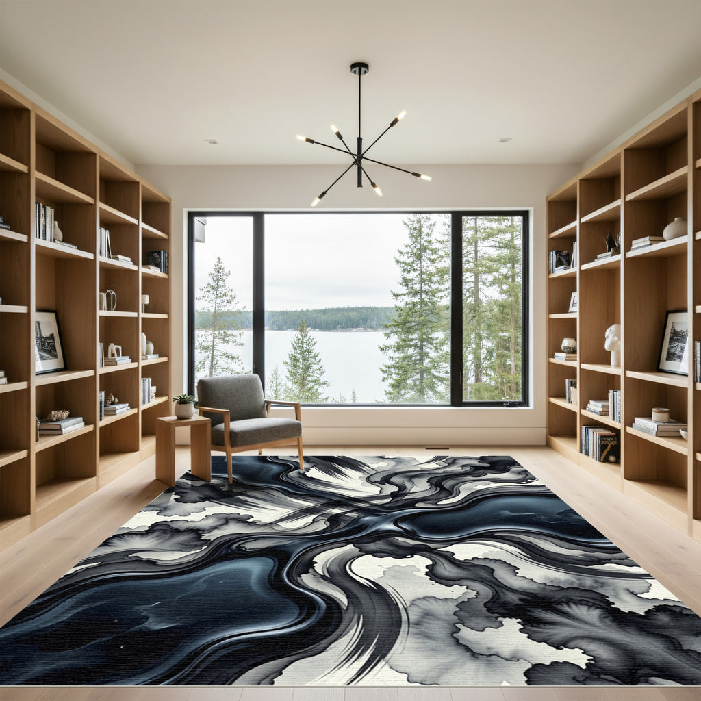 Dark Ink Wash Swirl Abstraction Rug