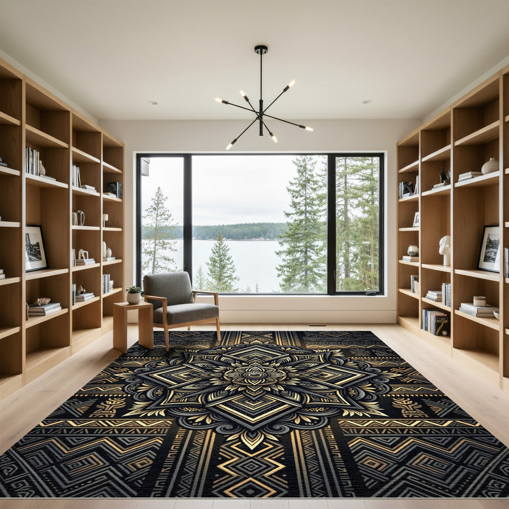 Golden Geometric Mandala Opulent Ink Rug