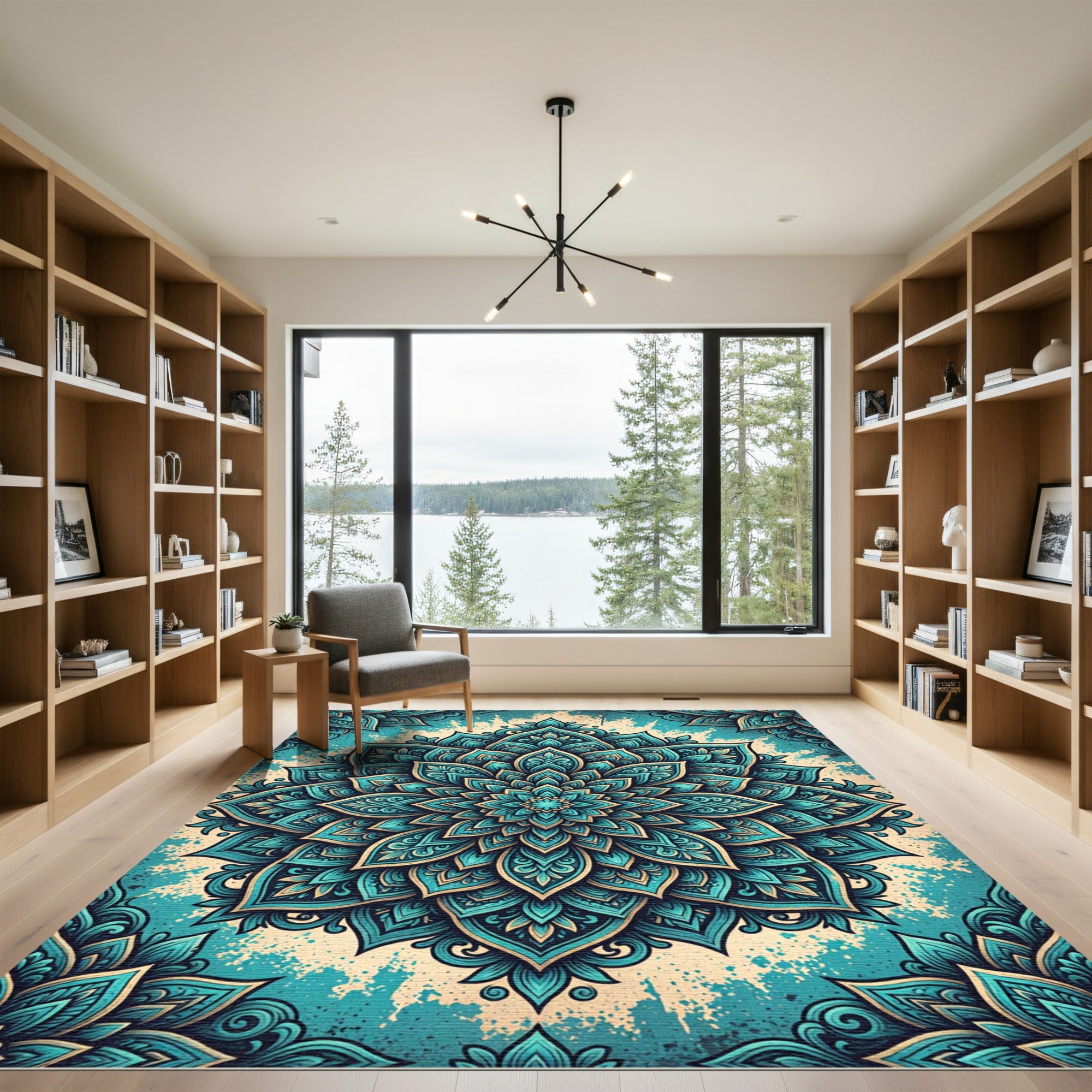 Teal Floral Mandala Botanical Ornament Rug