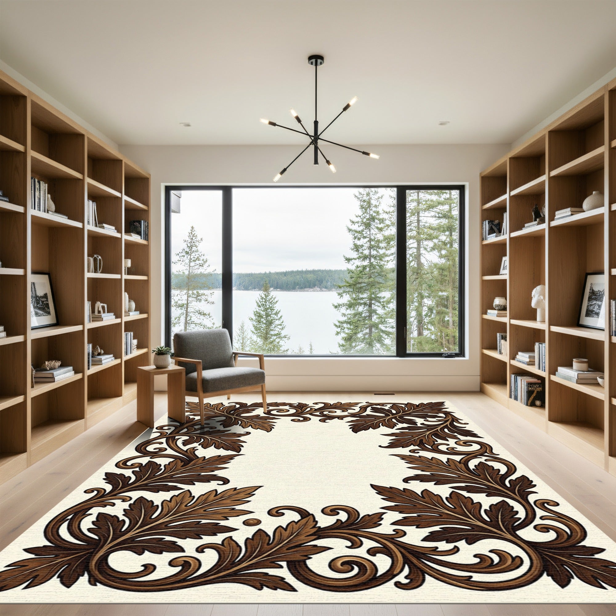Elegant Bronze Acanthus Scroll Border Rug