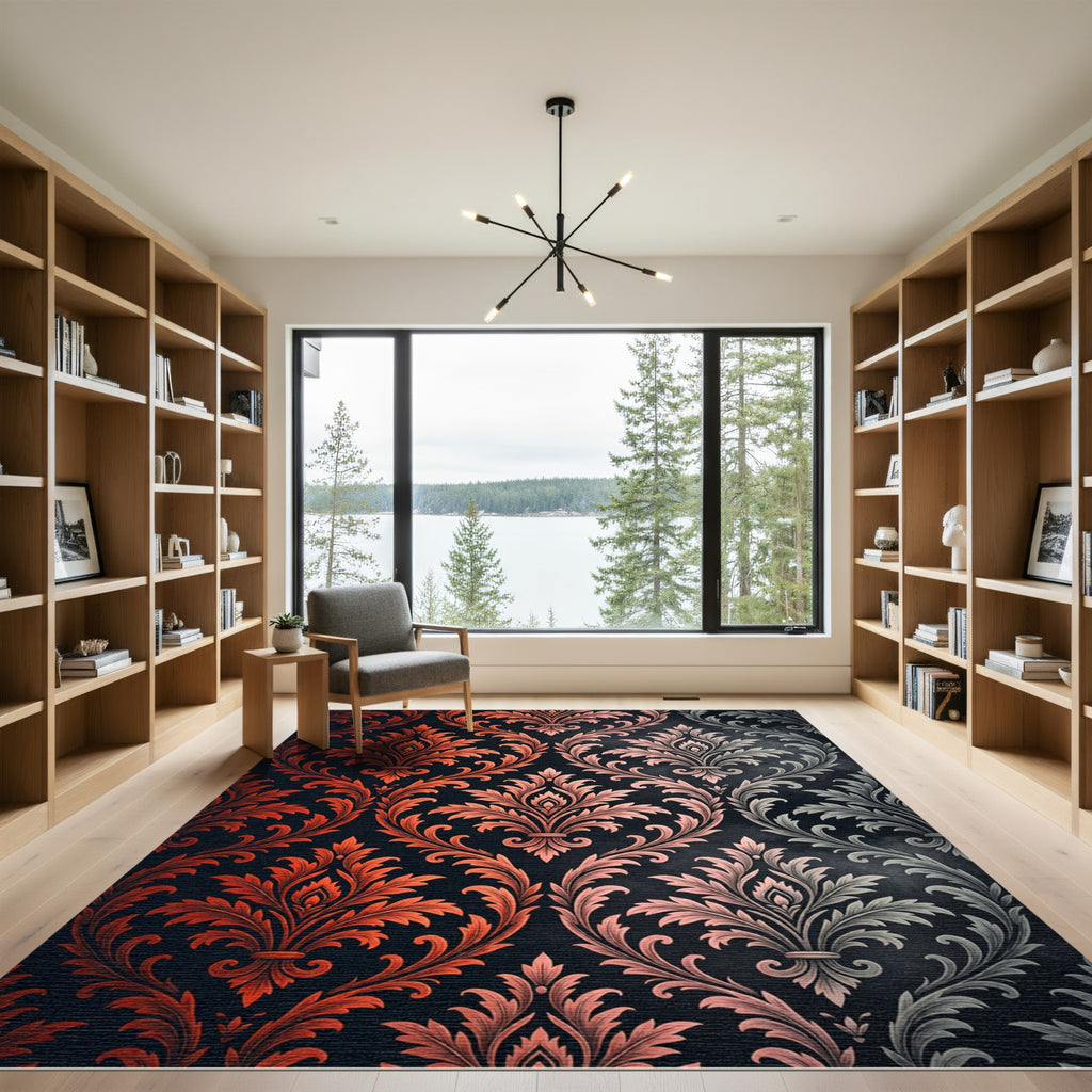 Ornate Copper and Silver Damask Rug