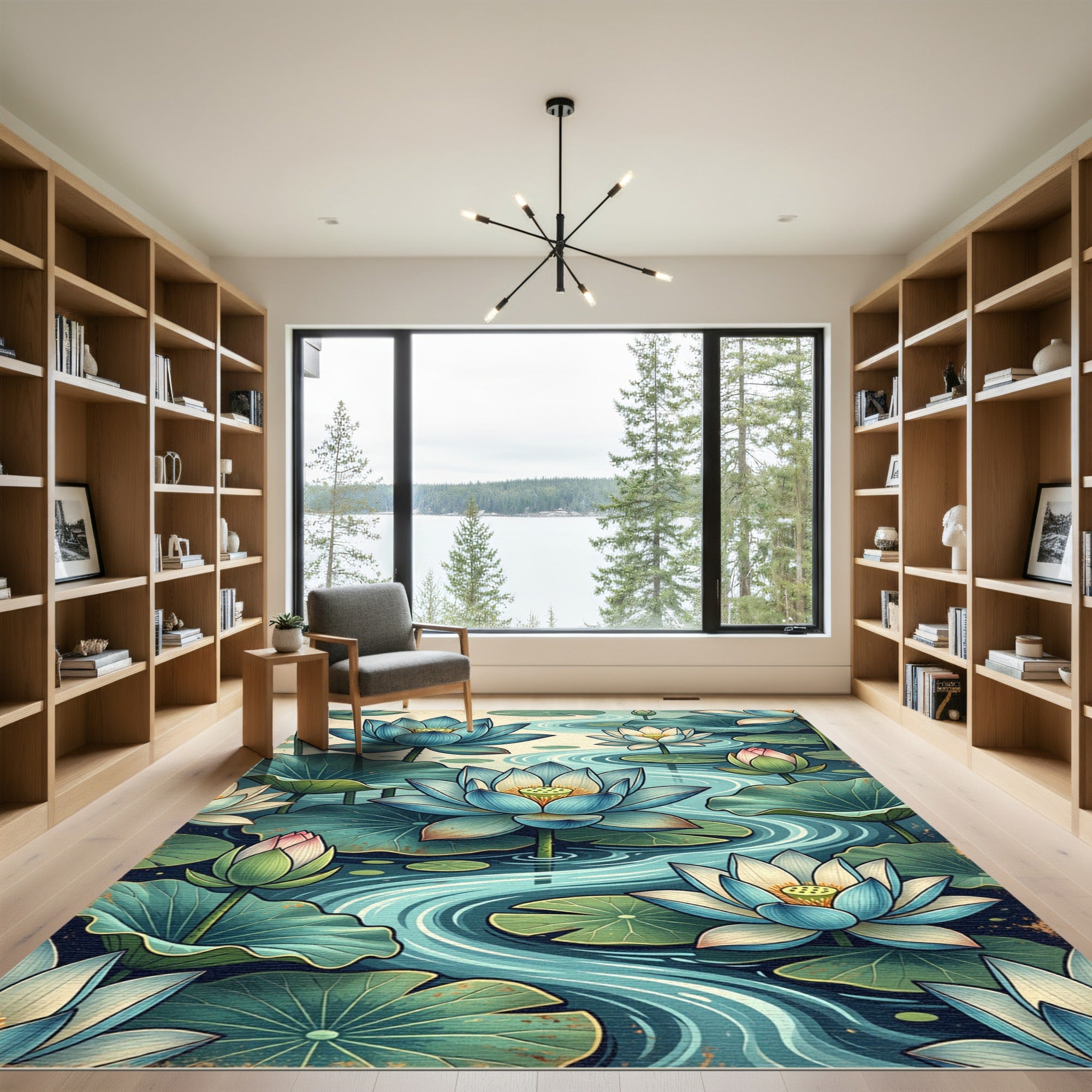 Serene Blue Lotus Water Garden Rug