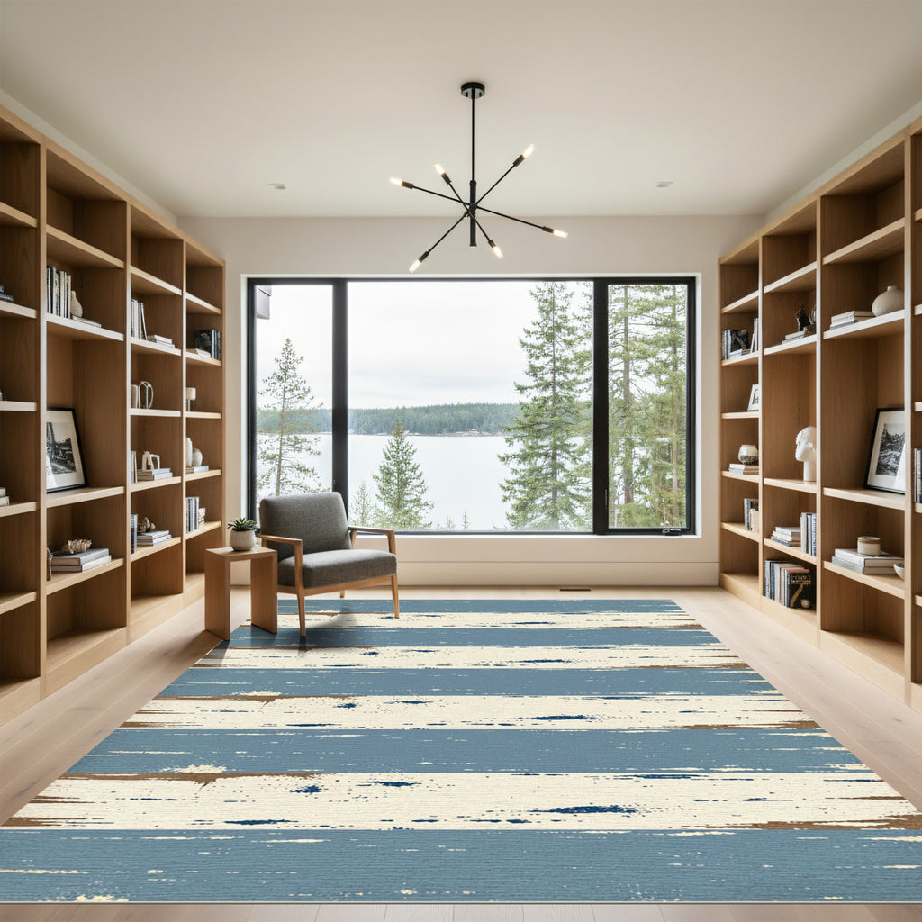Distressed Blue Cream Horizontal Stripe Rug