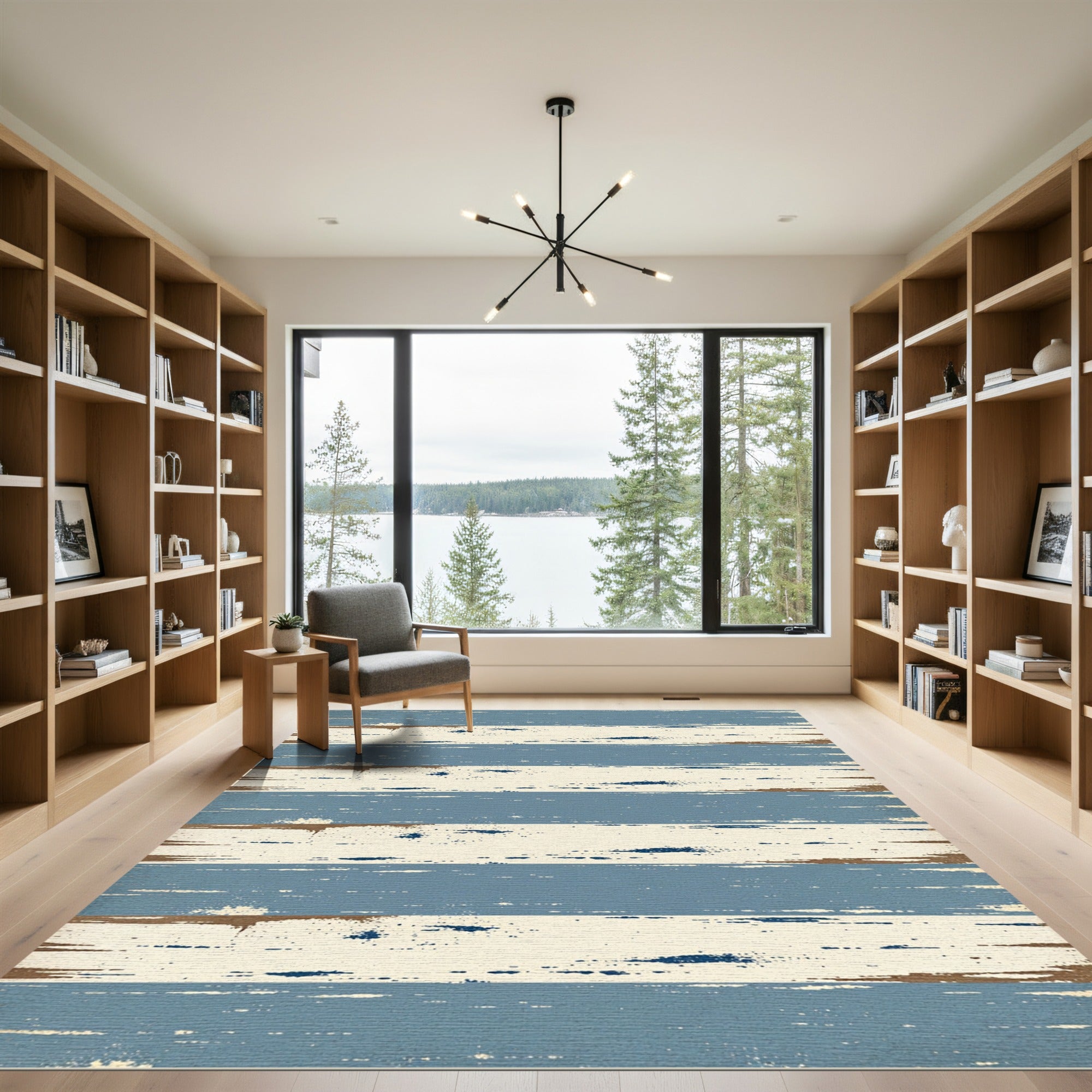 Distressed Blue Cream Horizontal Stripe Rug