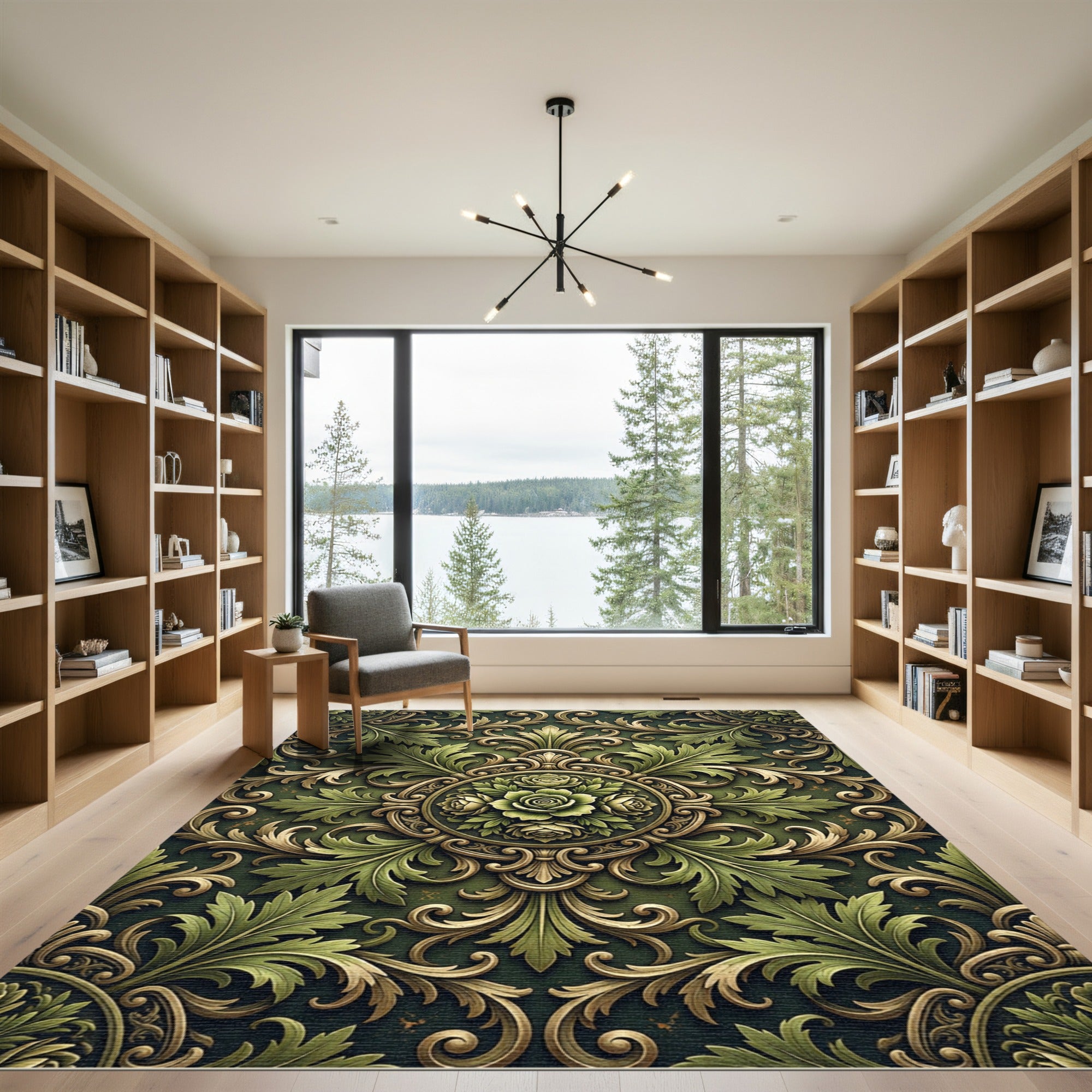 Elegant Olive Floral Damask Medallion Rug