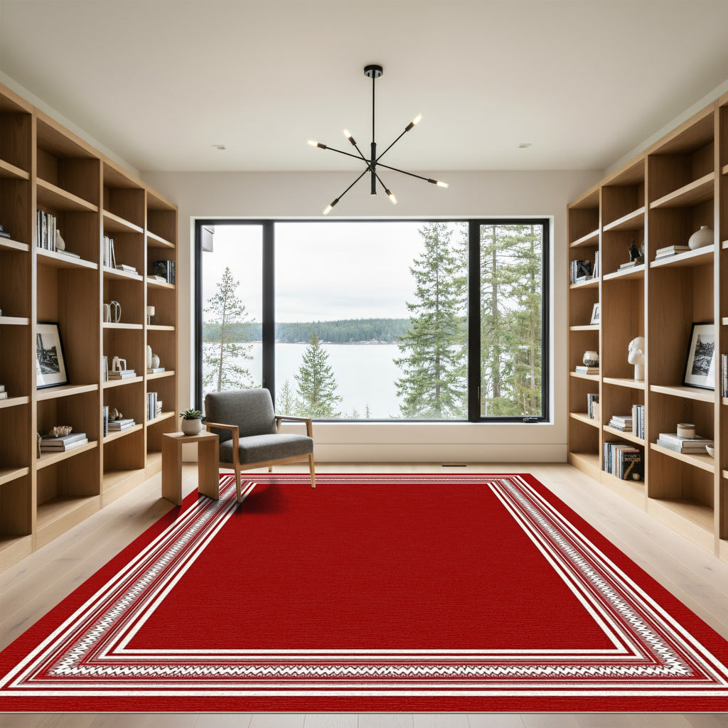 Rich Crimson Ivory Geometric Border Rug